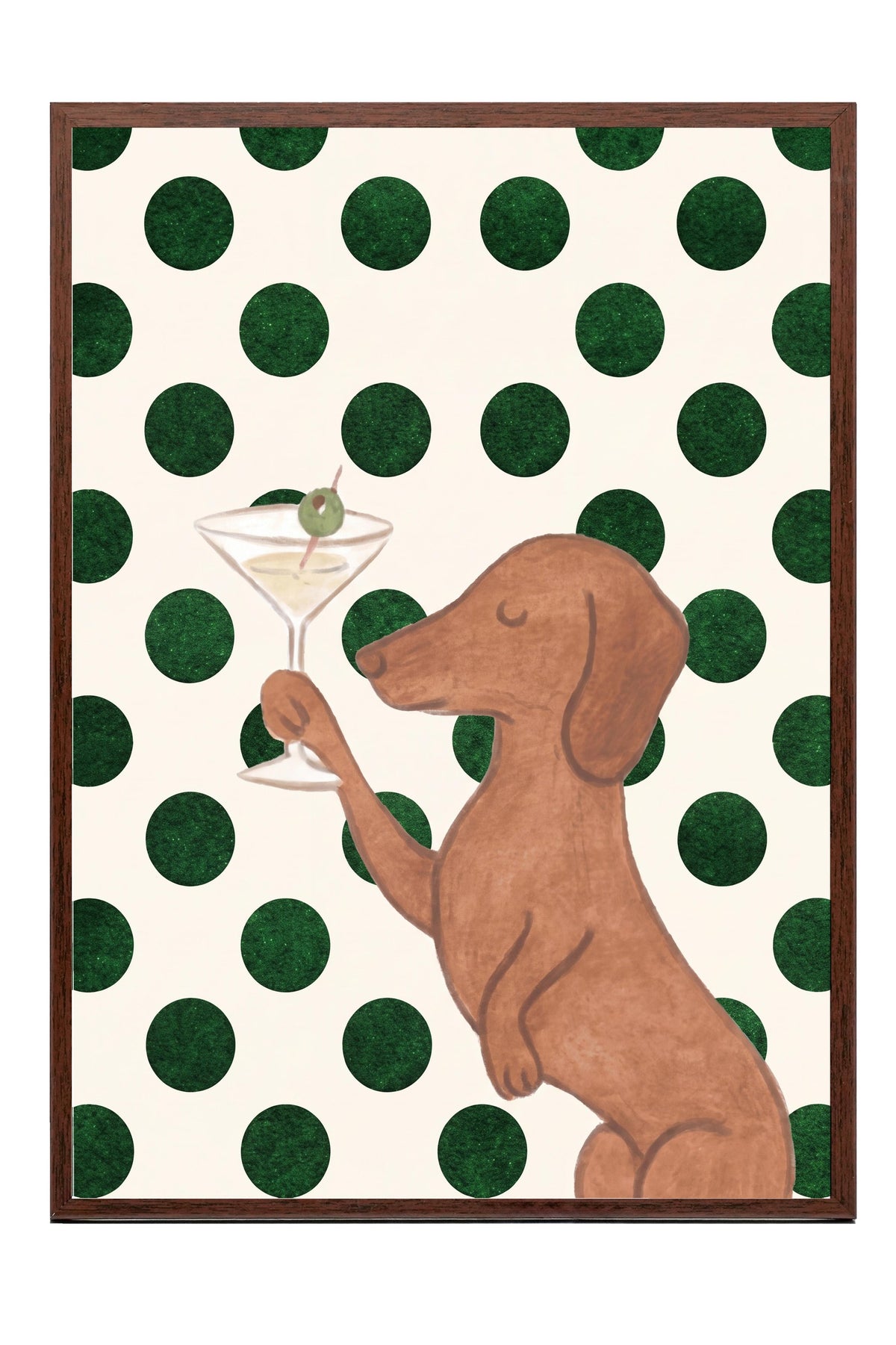 Köpek ve Martini Bardağı Poster – Kahverengi Çerçeveli Tablo