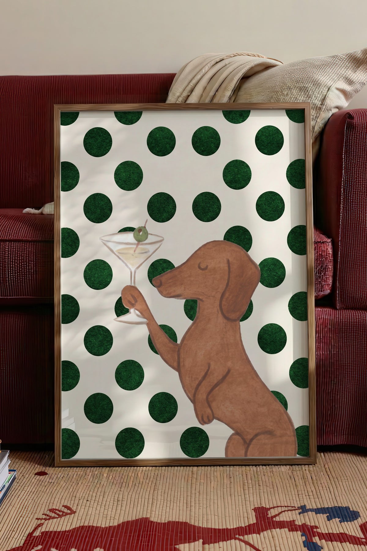 Köpek ve Martini Bardağı Poster – Kahverengi Çerçeveli Tablo