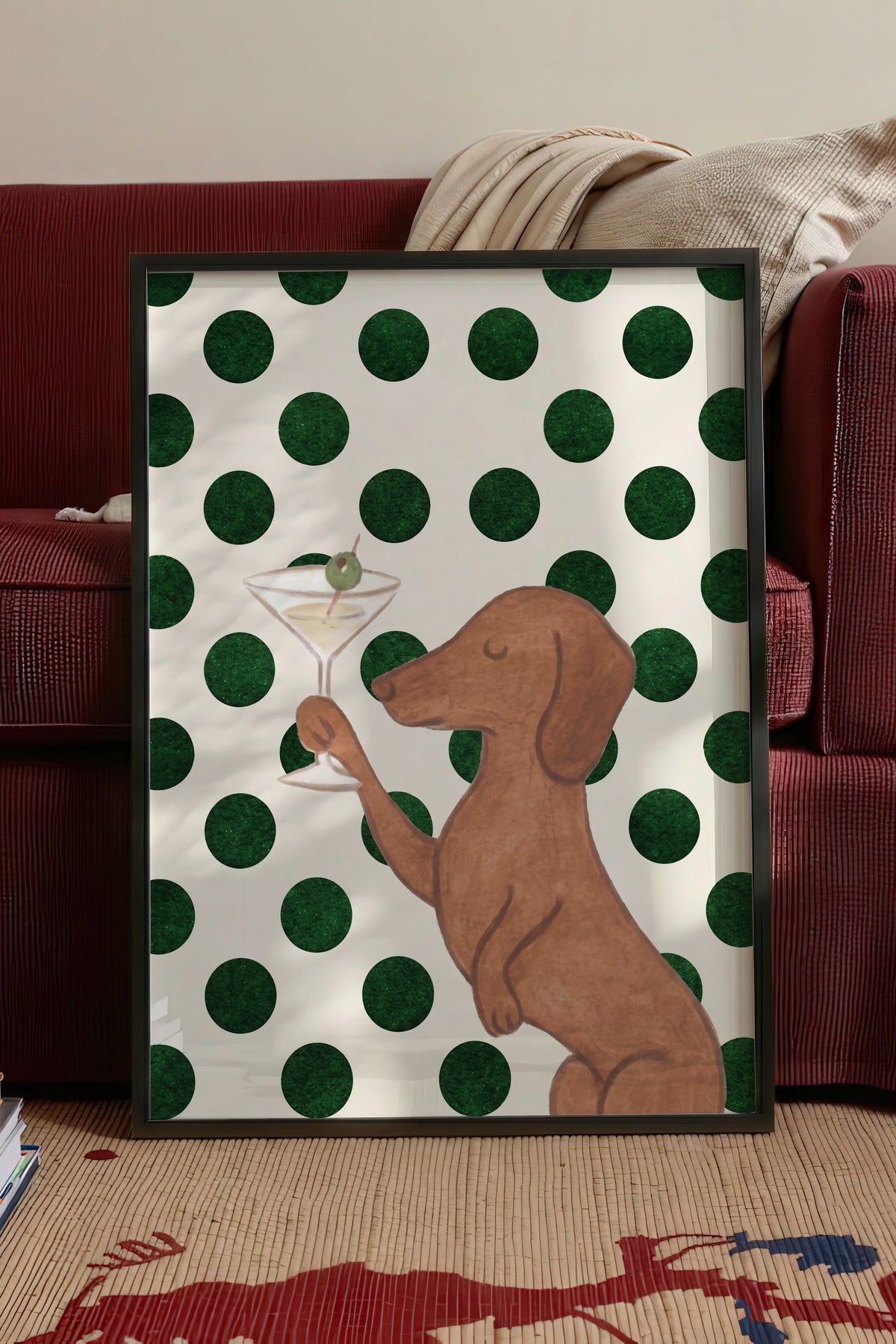 Köpek ve Martini Bardağı Poster – Siyah Çerçeveli Tablo