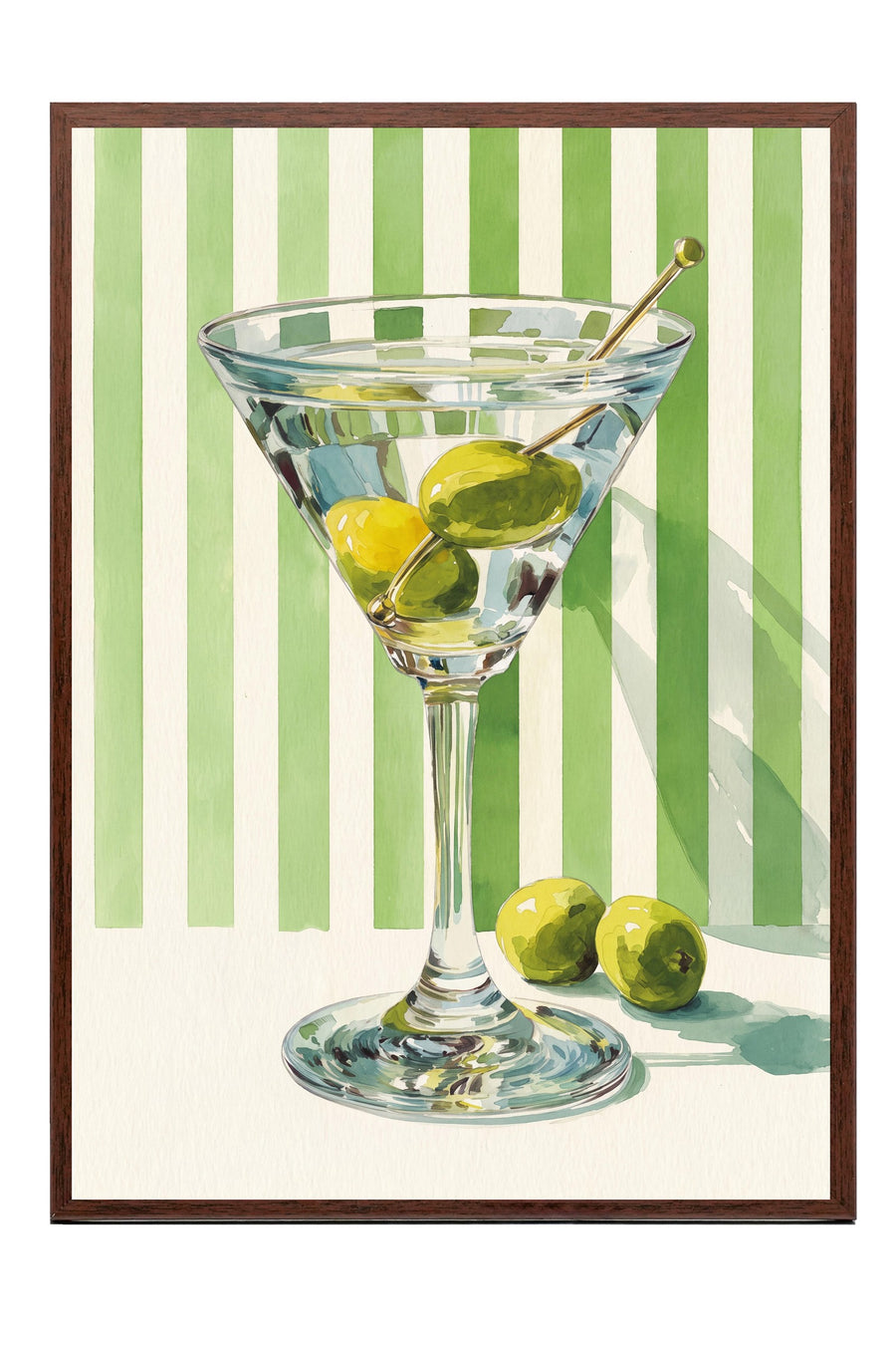 Martini Bardağı ve Zeytinler Poster – Kahverengi Çerçeveli Tablo