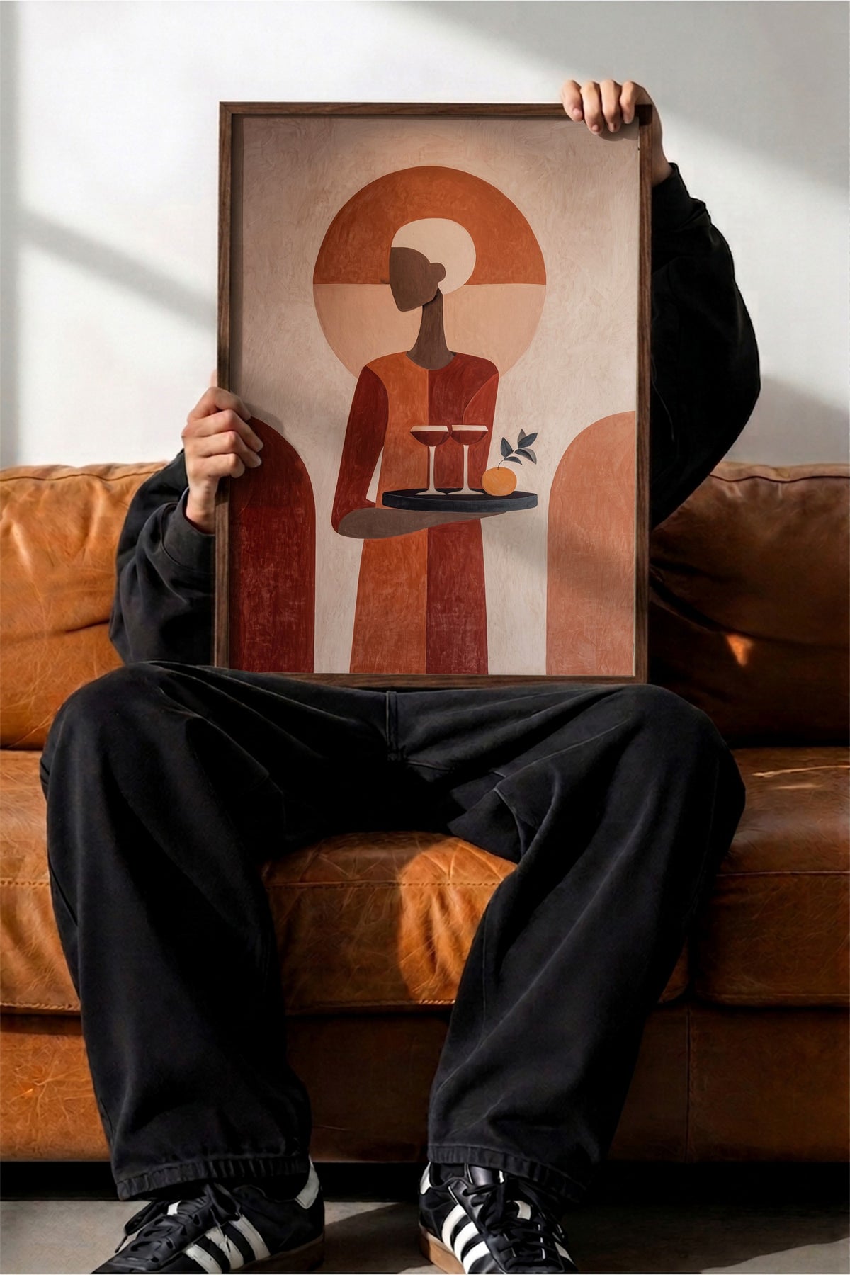 Minimalist Figür ve Turuncu Tonlar Poster – Kahverengi Çerçeveli Tablo