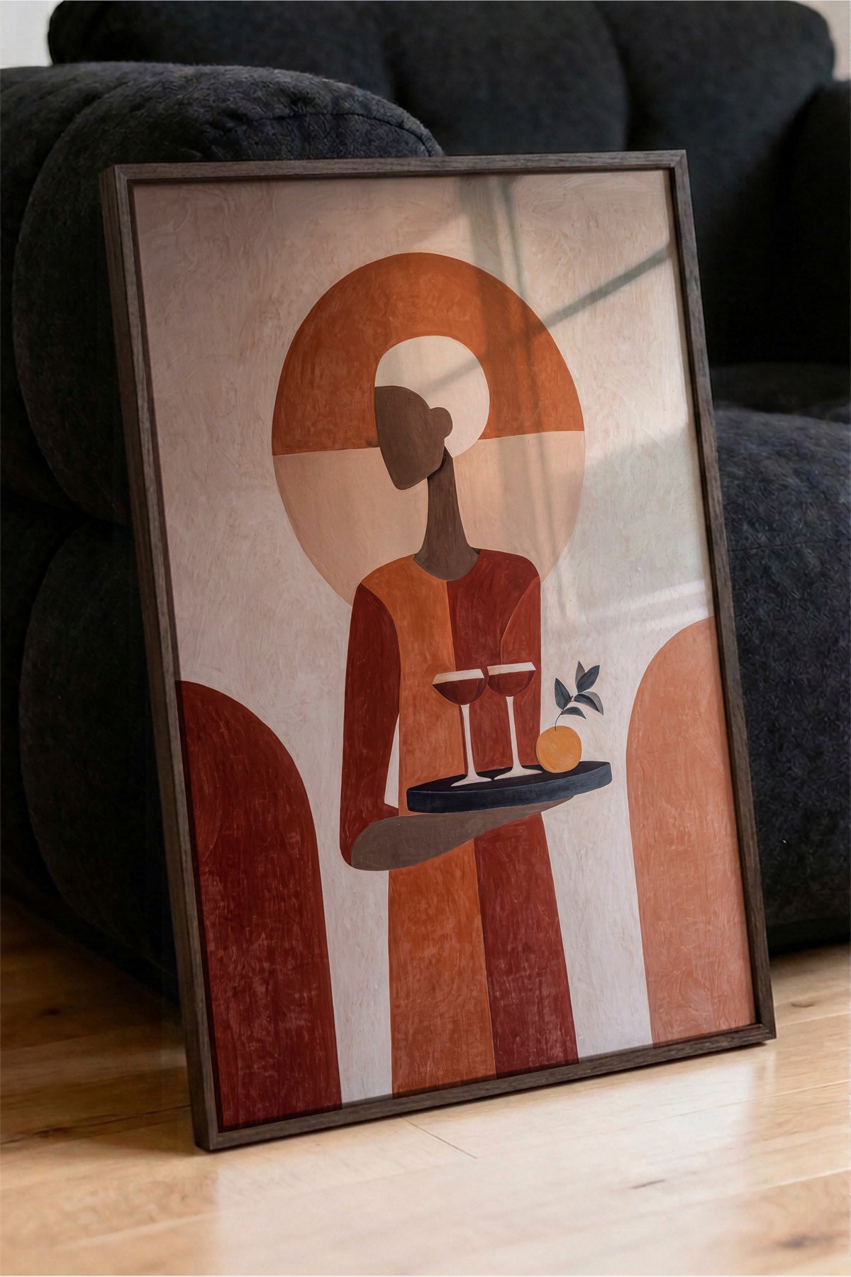 Minimalist Figür ve Turuncu Tonlar Poster – Kahverengi Çerçeveli Tablo
