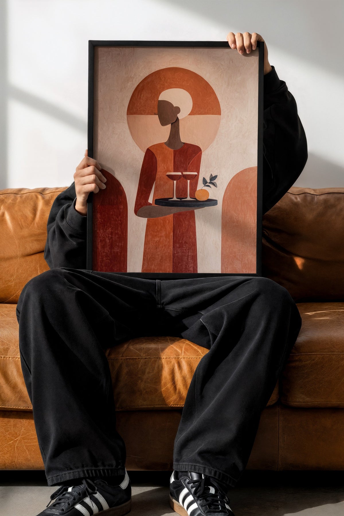 Minimalist Figür ve Turuncu Tonlar Poster – Siyah Çerçeveli Tablo
