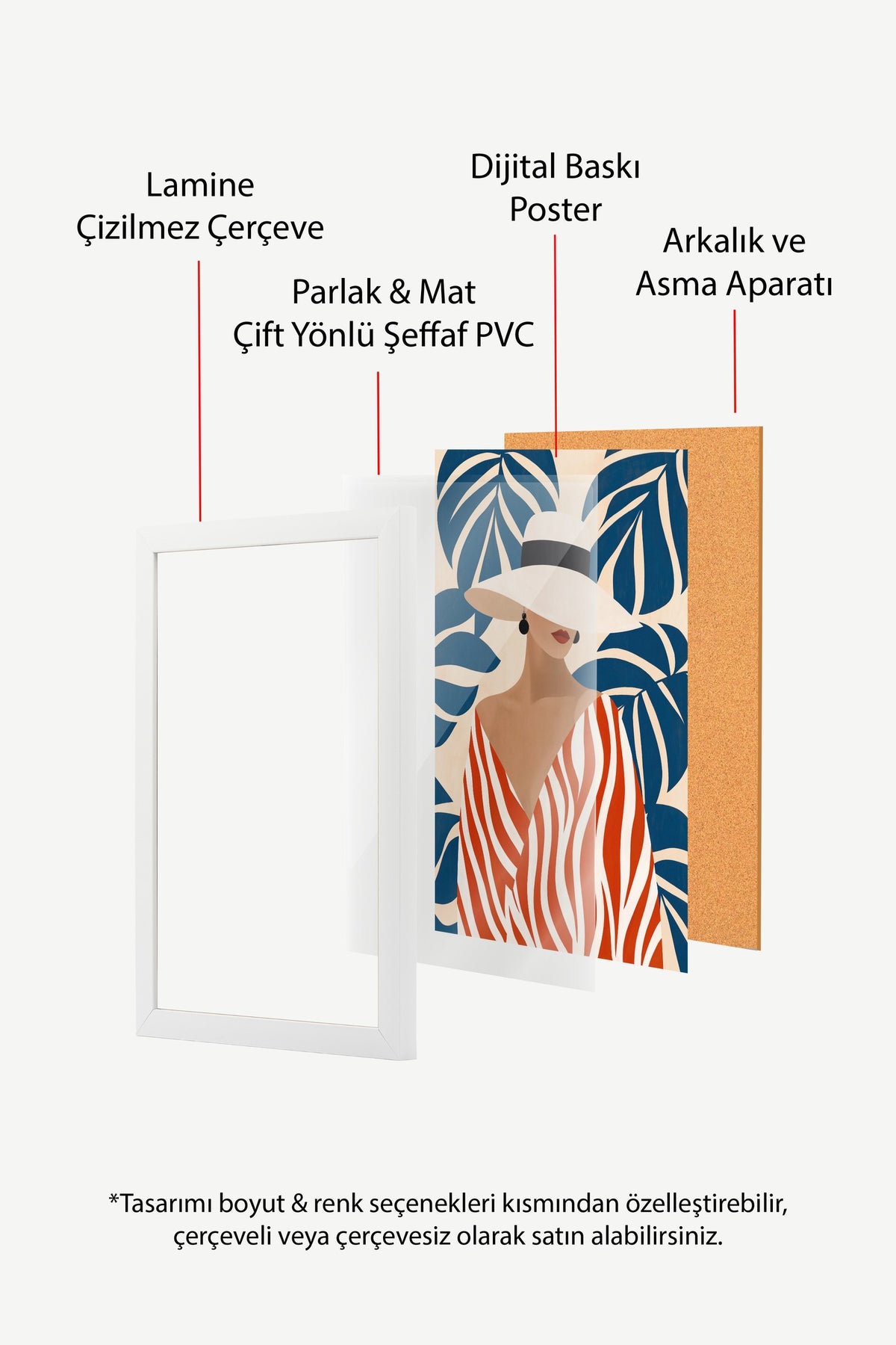 Kadın Figürü Yaprak Deseniyle Poster – Beyaz Çerçeveli Tablo