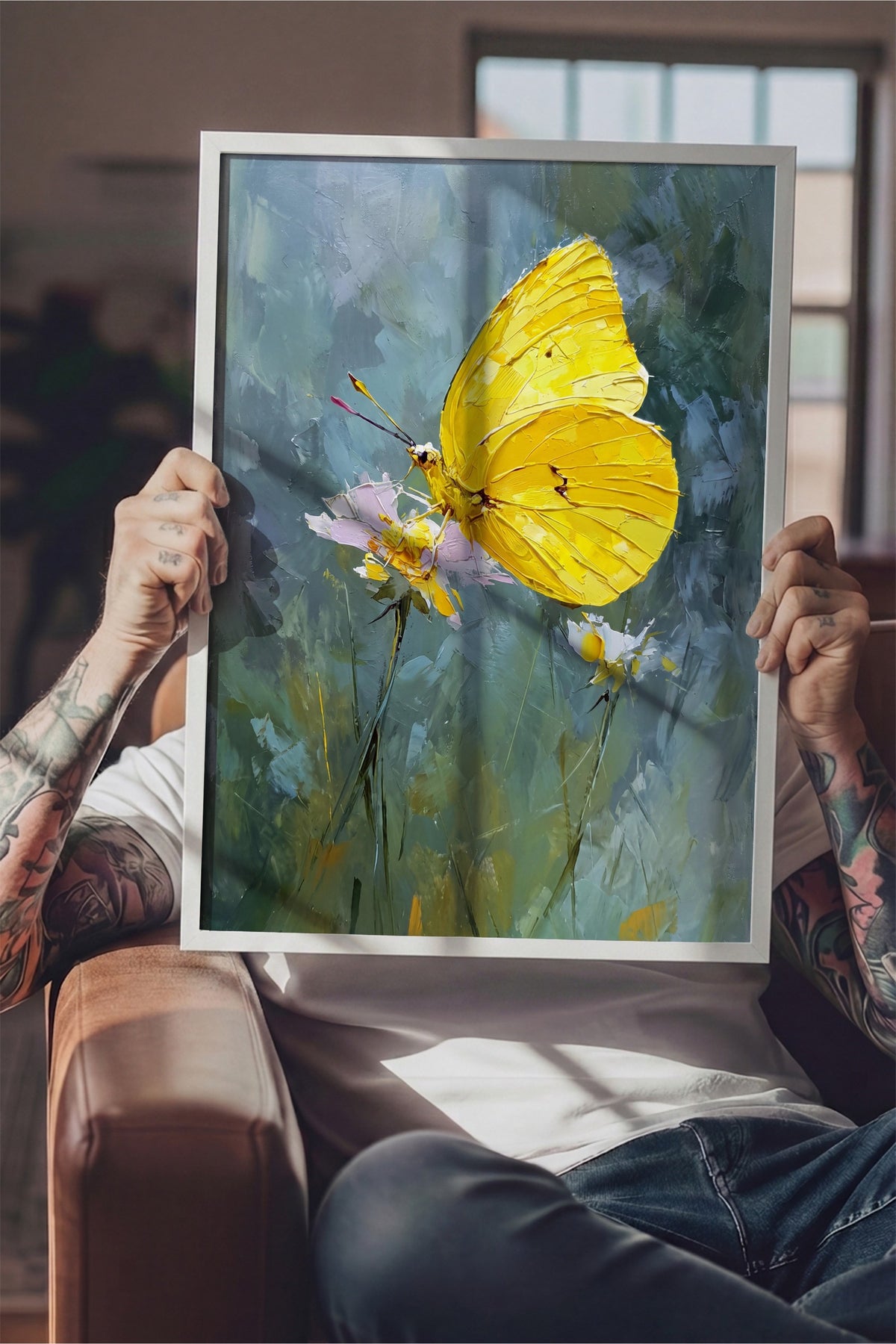 Çiçek Üzerinde Kelebek Poster – Beyaz Çerçeveli Tablo