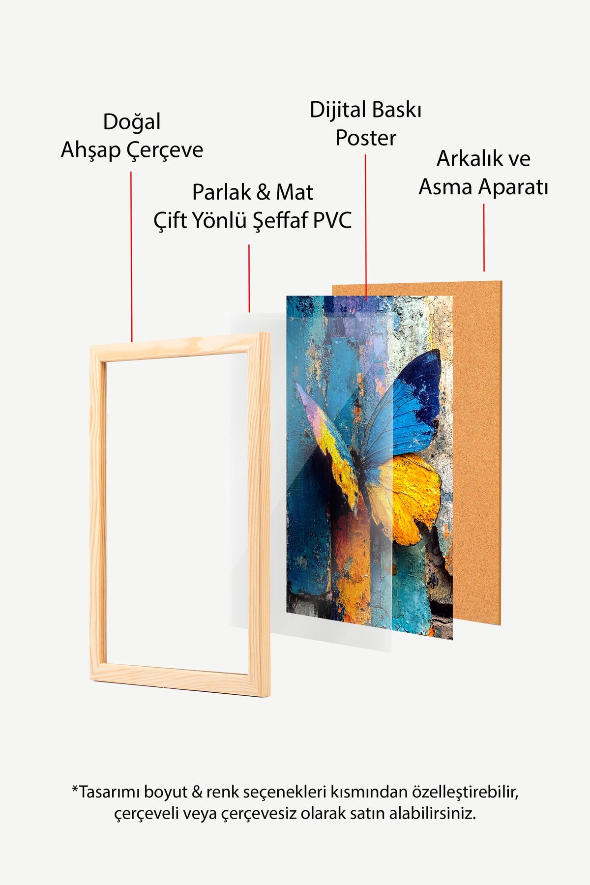 Renkli Kelebek Poster – Ahşap Çerçeveli Tablo