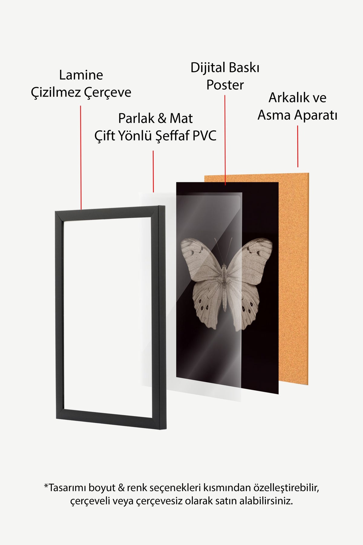 Kelebek Çizimi Poster – Siyah Çerçeveli Tablo