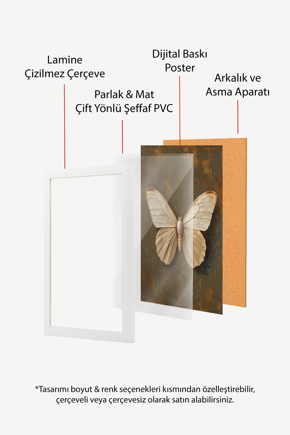 Krem Renkli Kelebek Poster – Beyaz Çerçeveli Tablo