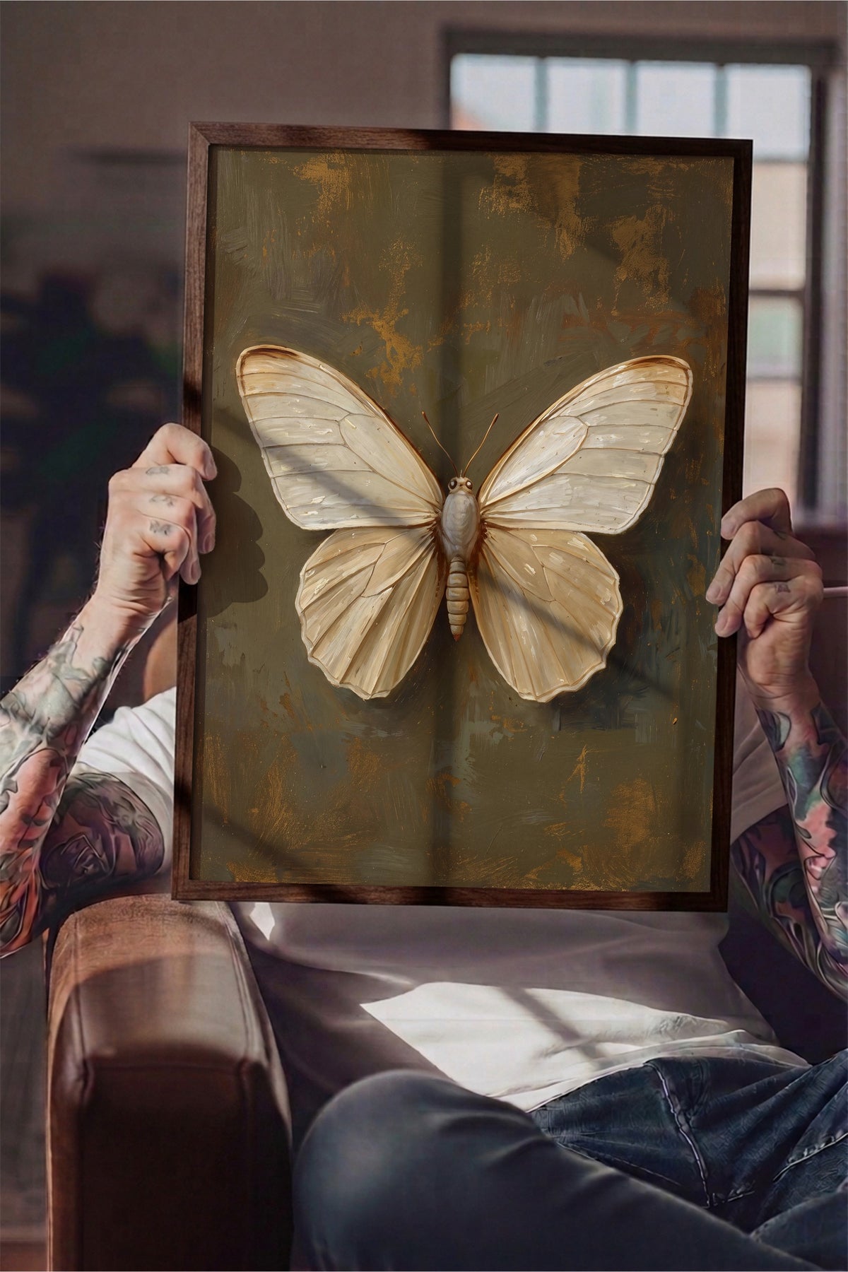 Krem Renkli Kelebek Poster – Kahverengi Çerçeveli Tablo