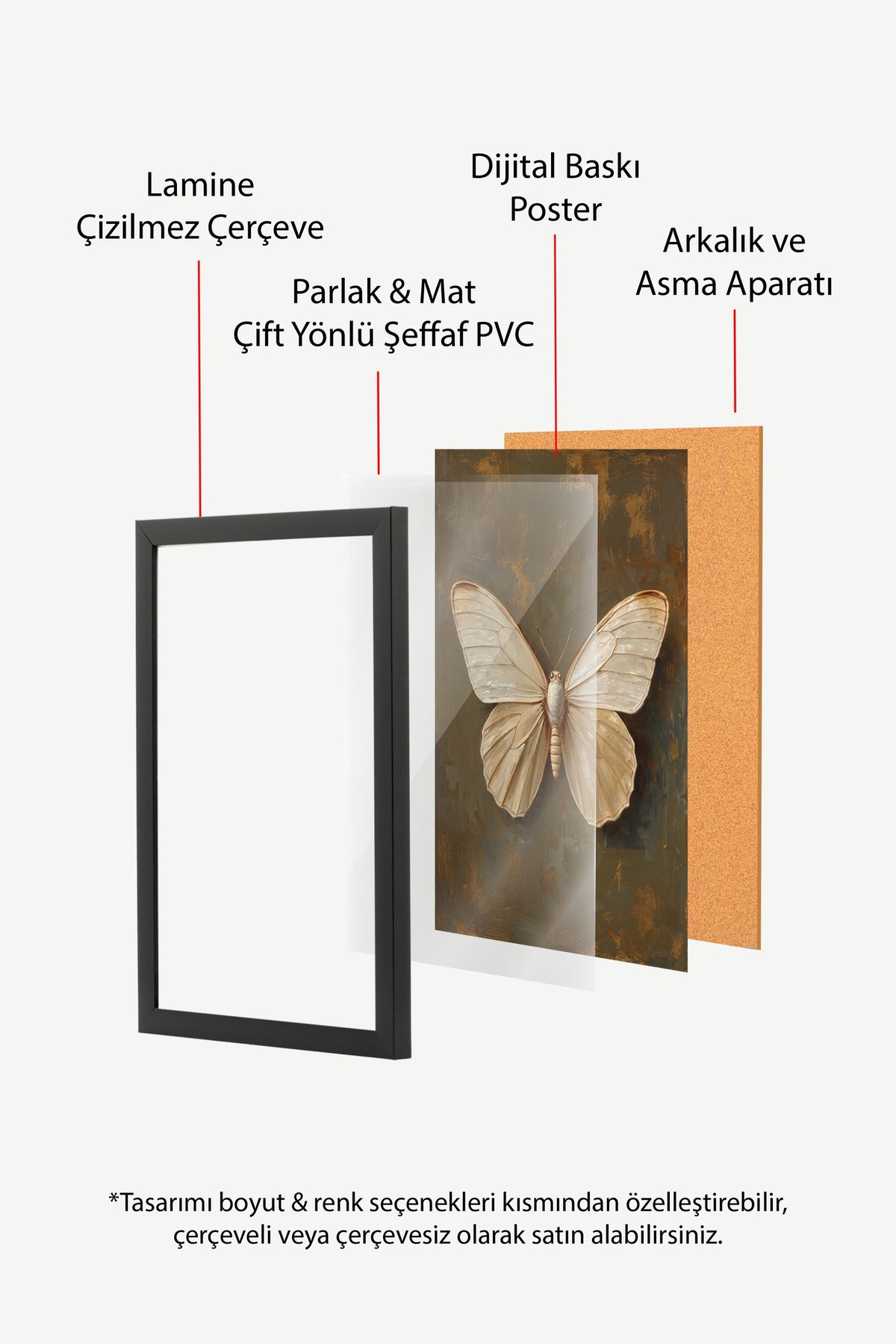 Krem Renkli Kelebek Poster – Siyah Çerçeveli Tablo