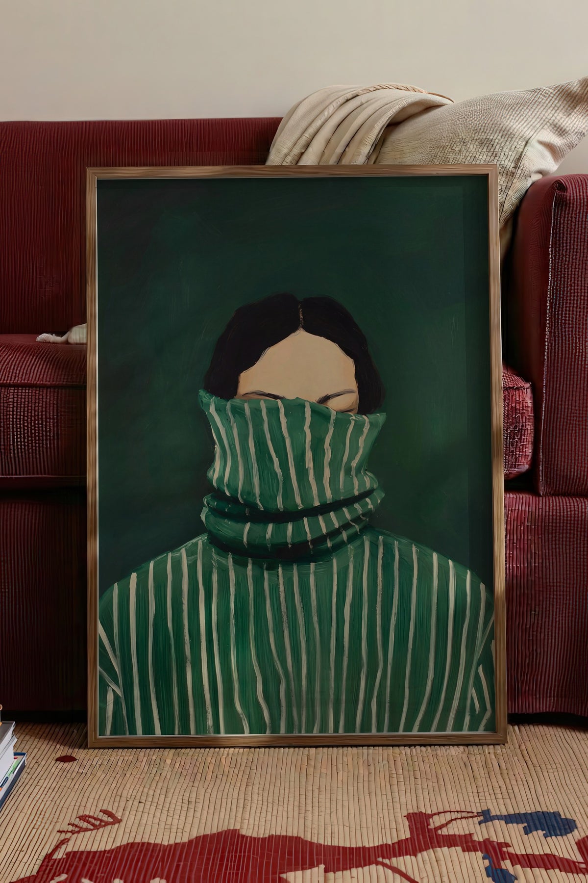 Yeşil Çizgili Kazaklı Figür Poster – Kahverengi Çerçeveli Tablo