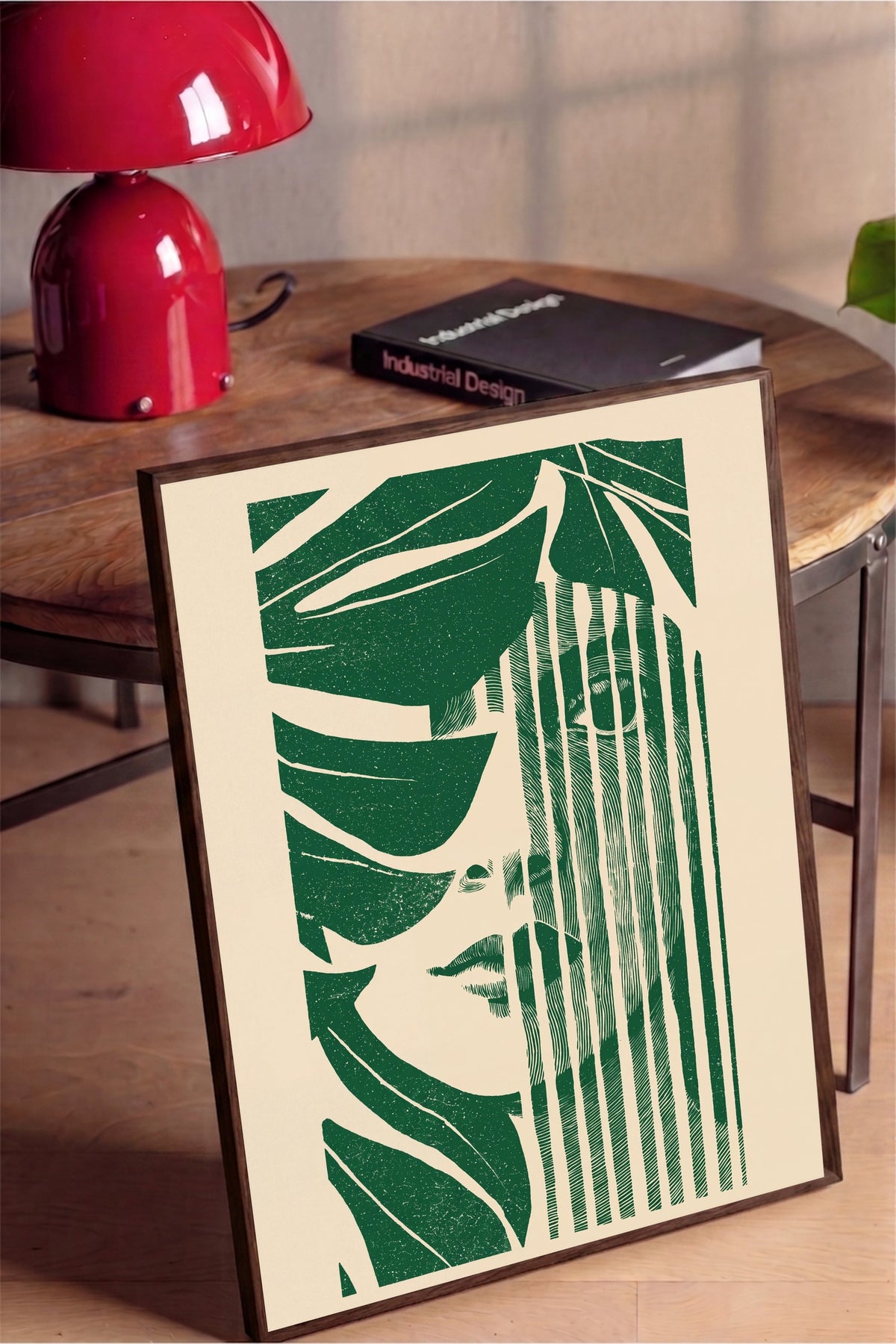 Kadın yüzü ve yapraklar Poster – Kahverengi Çerçeveli Tablo