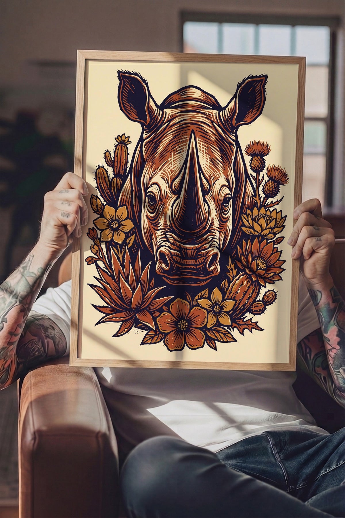 Kaktüsler ve Çiçekler Arasında Gergedan Poster – Ahşap Çerçeveli Tablo
