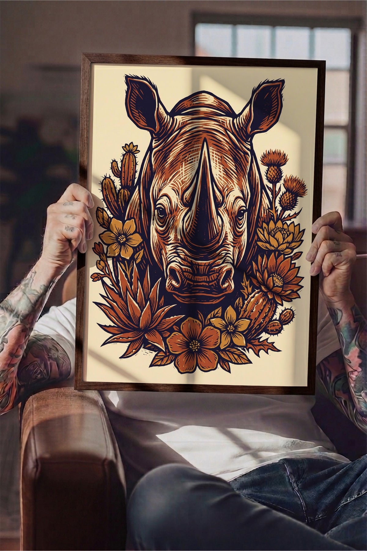 Kaktüsler ve Çiçekler Arasında Gergedan Poster – Kahverengi Çerçeveli Tablo