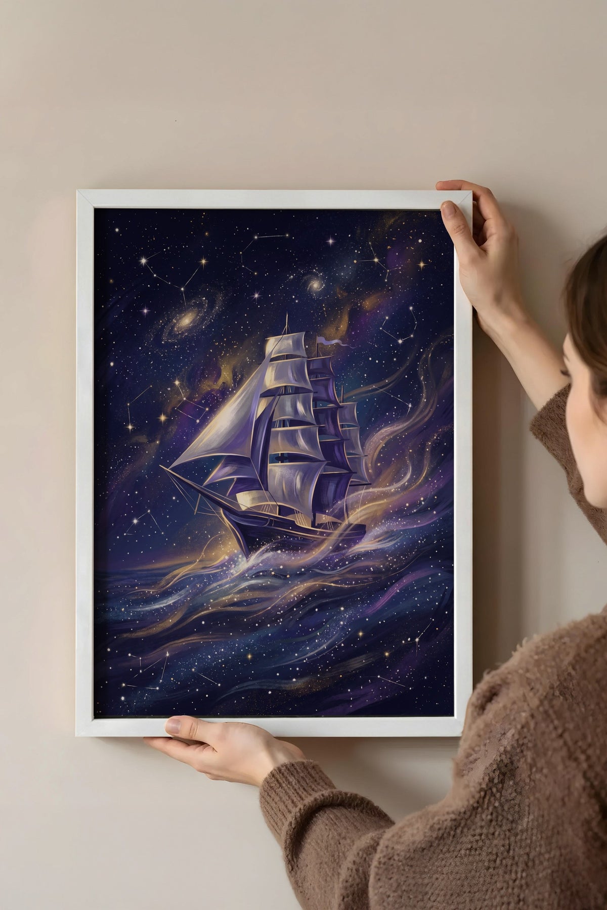 Uzayda Yelkenli Gemi Poster – Beyaz Çerçeveli Tablo