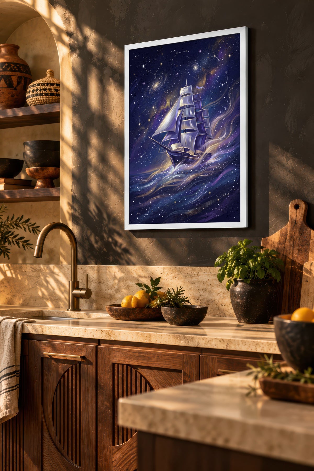Uzayda Yelkenli Gemi Poster – Beyaz Çerçeveli Tablo