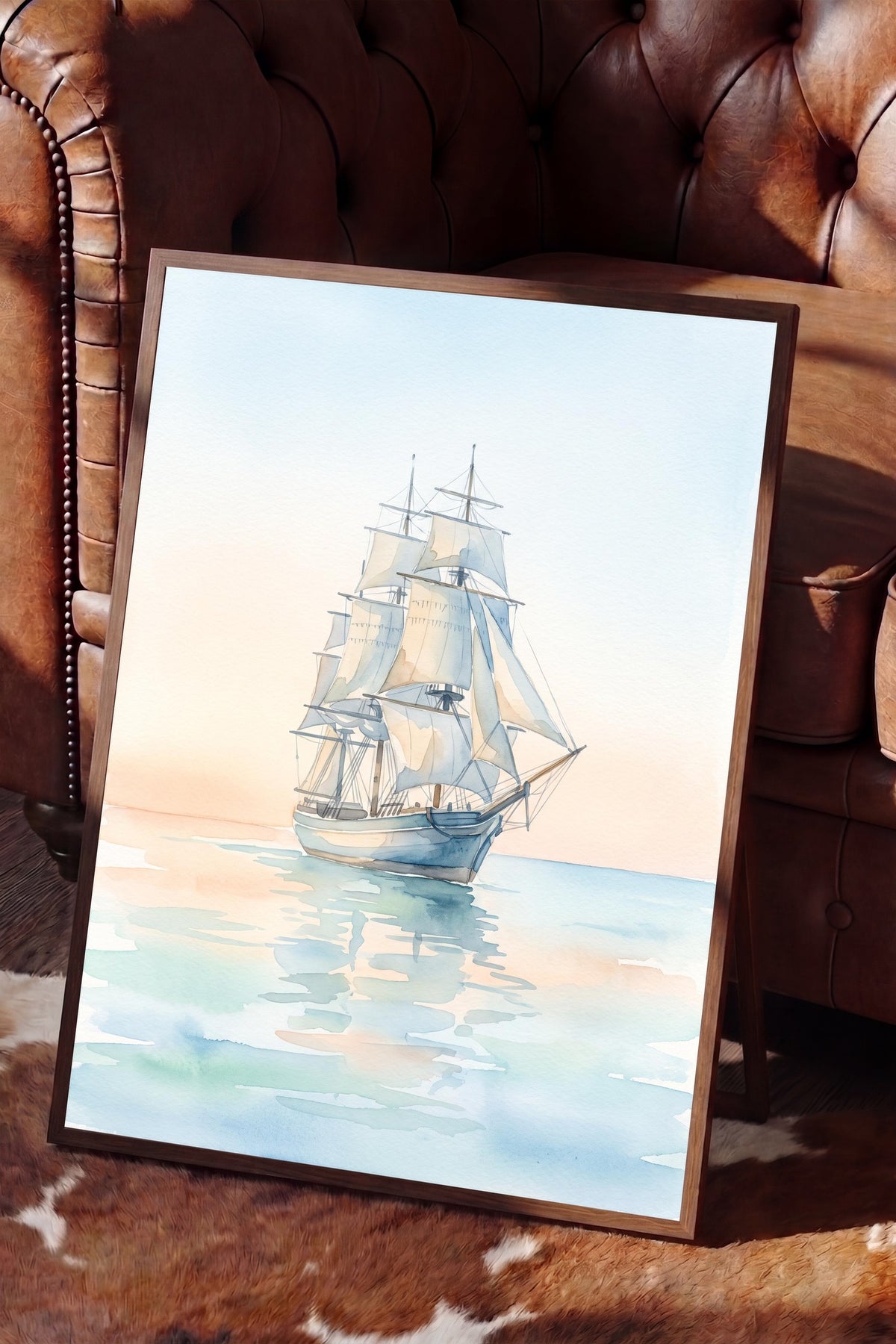 Sakin Sularda Yelkenli Poster – Kahverengi Çerçeveli Tablo