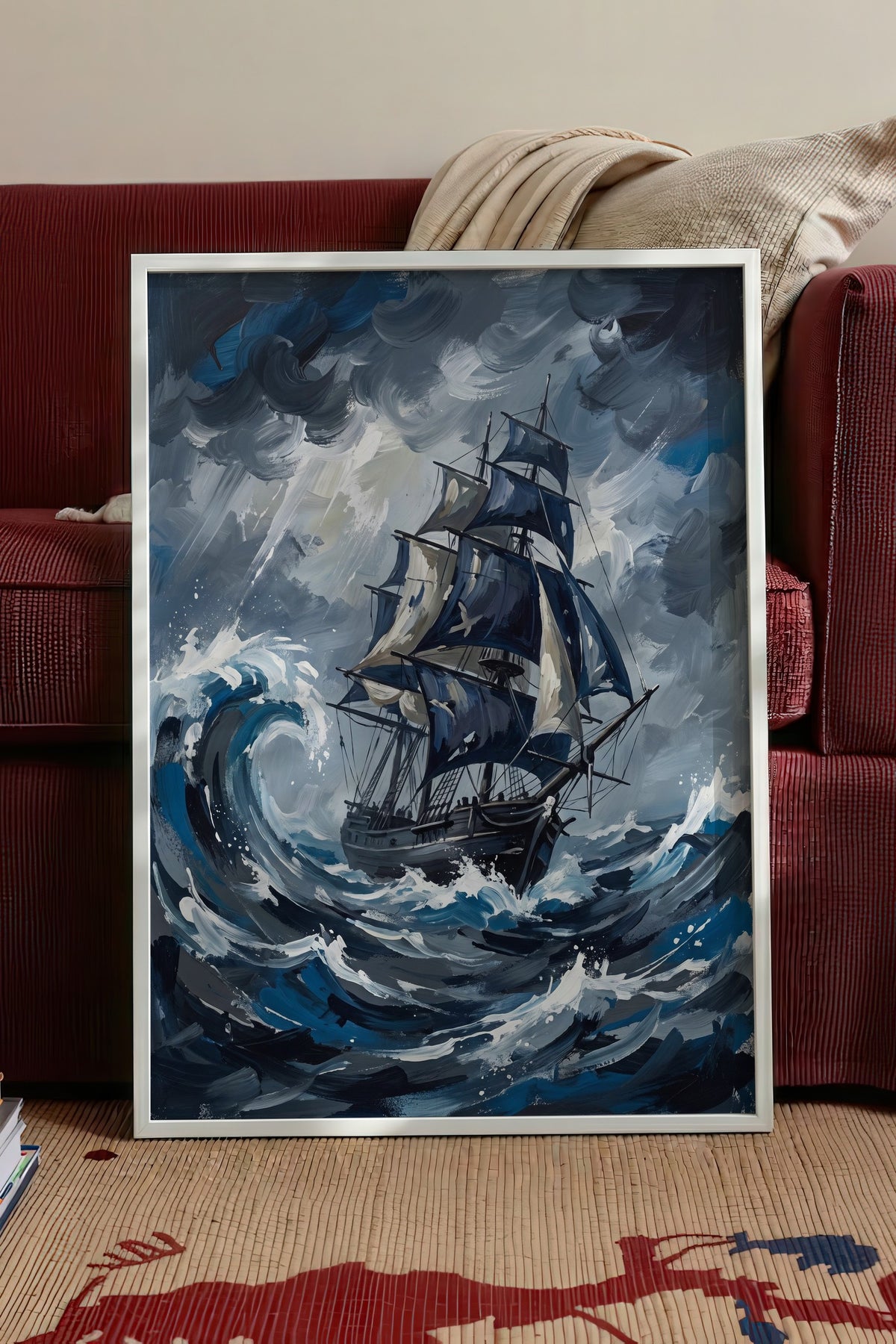 Fırtınalı Deniz ve Yelkenli Poster – Beyaz Çerçeveli Tablo