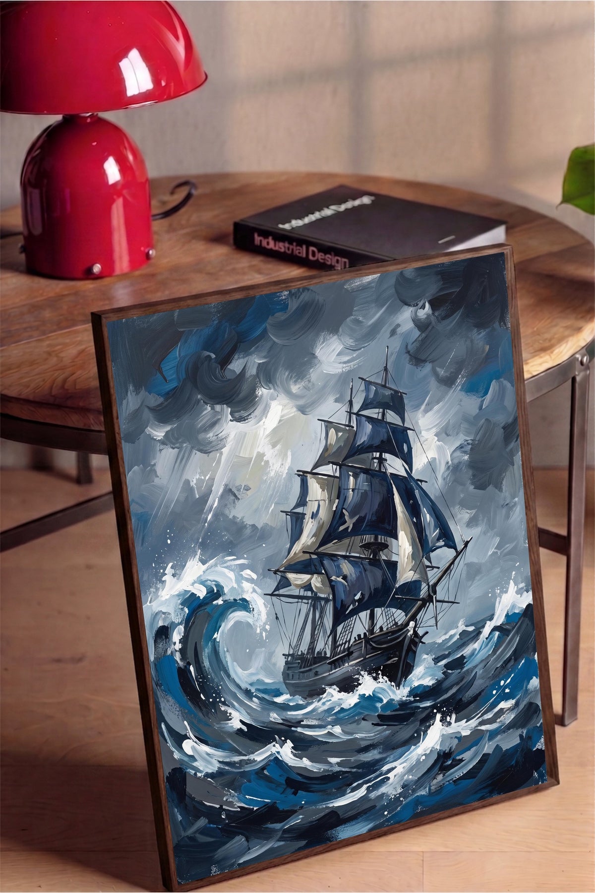 Fırtınalı Deniz ve Yelkenli Poster – Kahverengi Çerçeveli Tablo