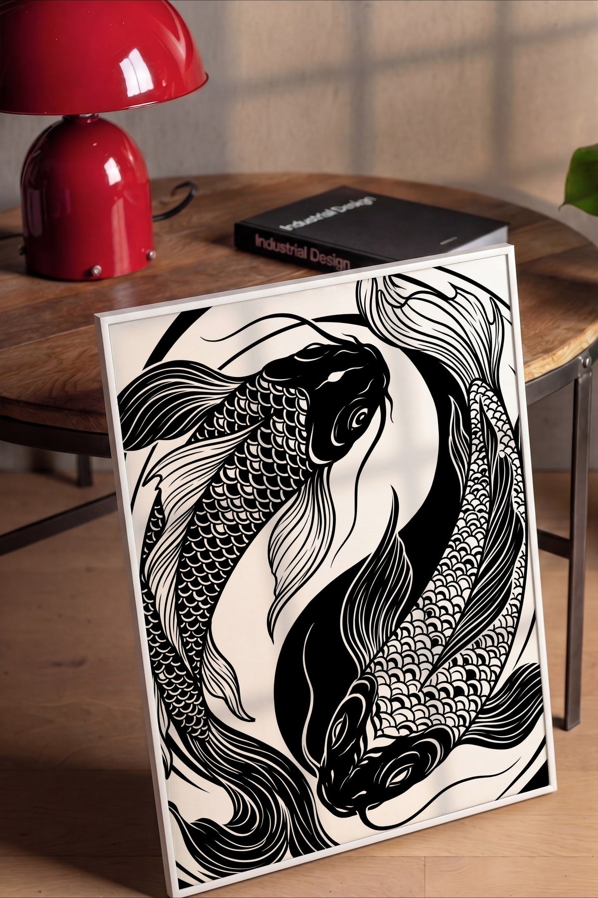 Koi Balığı Çizimi Poster – Beyaz Çerçeveli Tablo