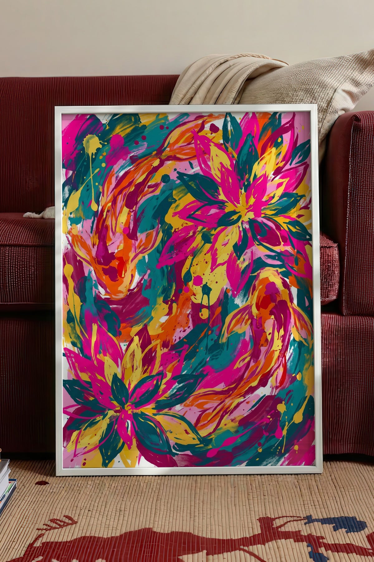 Renkli Çiçek ve Balık Deseni Poster – Beyaz Çerçeveli Tablo