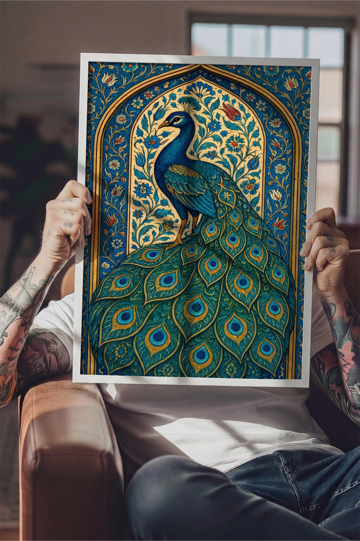 Tavus Kuşu Motifli Duvar Sanatı Poster – Beyaz Çerçeveli Tablo