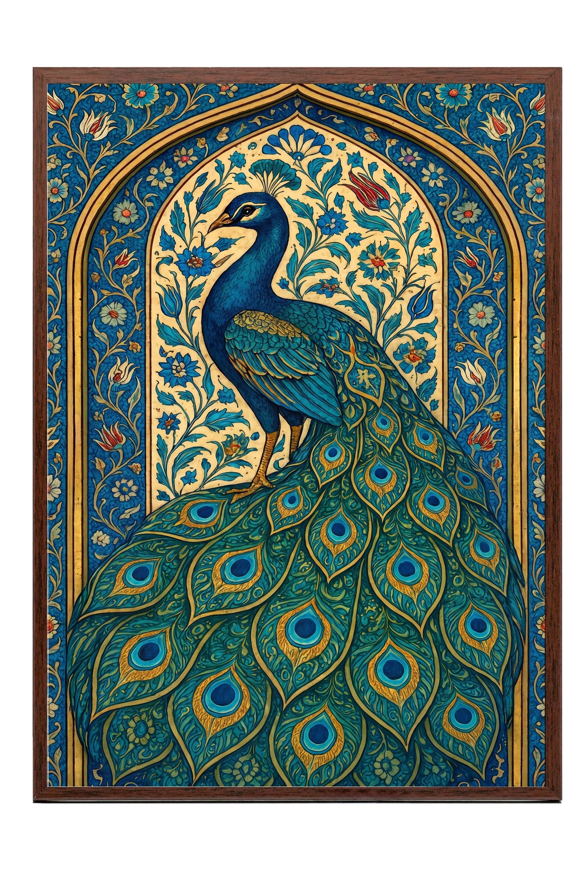 Tavus Kuşu Motifli Duvar Sanatı Poster – Kahverengi Çerçeveli Tablo