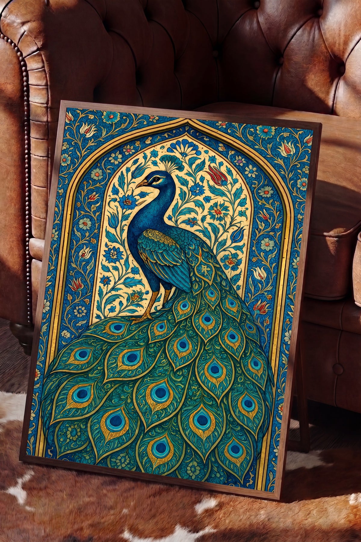 Tavus Kuşu Motifli Duvar Sanatı Poster – Kahverengi Çerçeveli Tablo