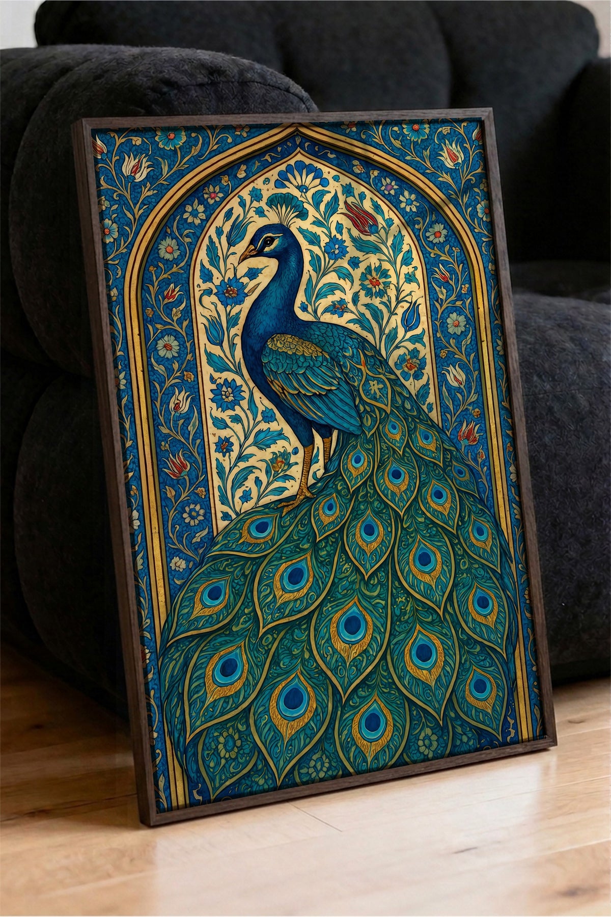 Tavus Kuşu Motifli Duvar Sanatı Poster – Kahverengi Çerçeveli Tablo