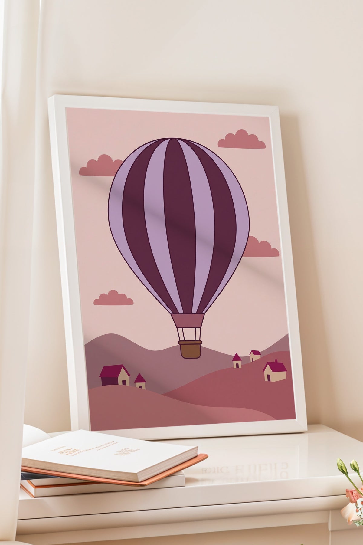 Sıcak Hava Balonlu Manzara Poster – Beyaz Çerçeveli Tablo
