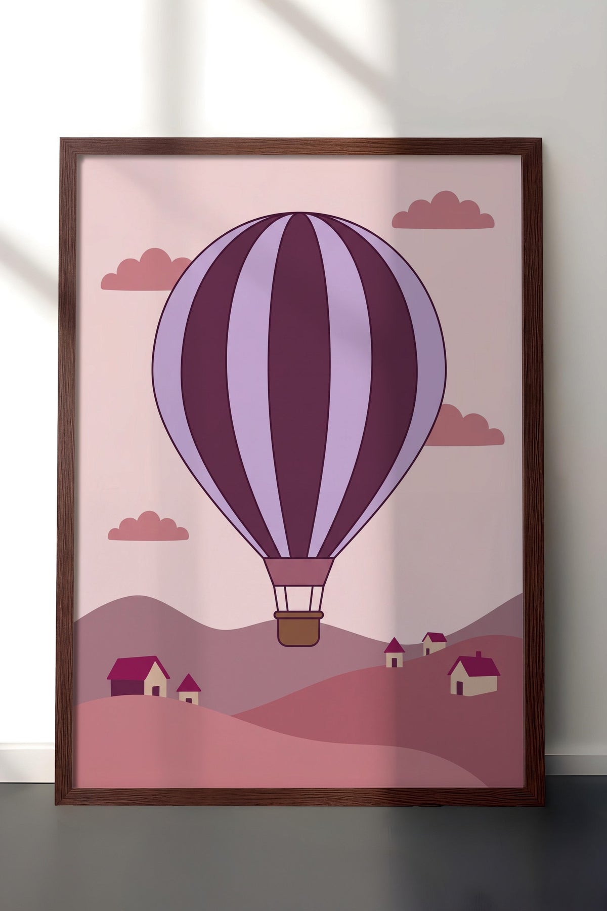 Sıcak Hava Balonlu Manzara Poster – Kahverengi Çerçeveli Tablo