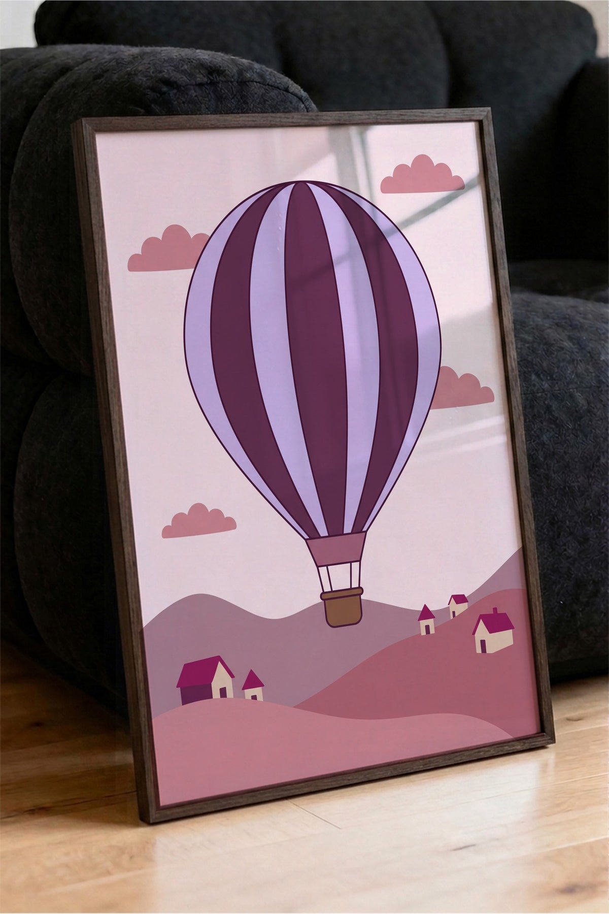 Sıcak Hava Balonlu Manzara Poster – Kahverengi Çerçeveli Tablo