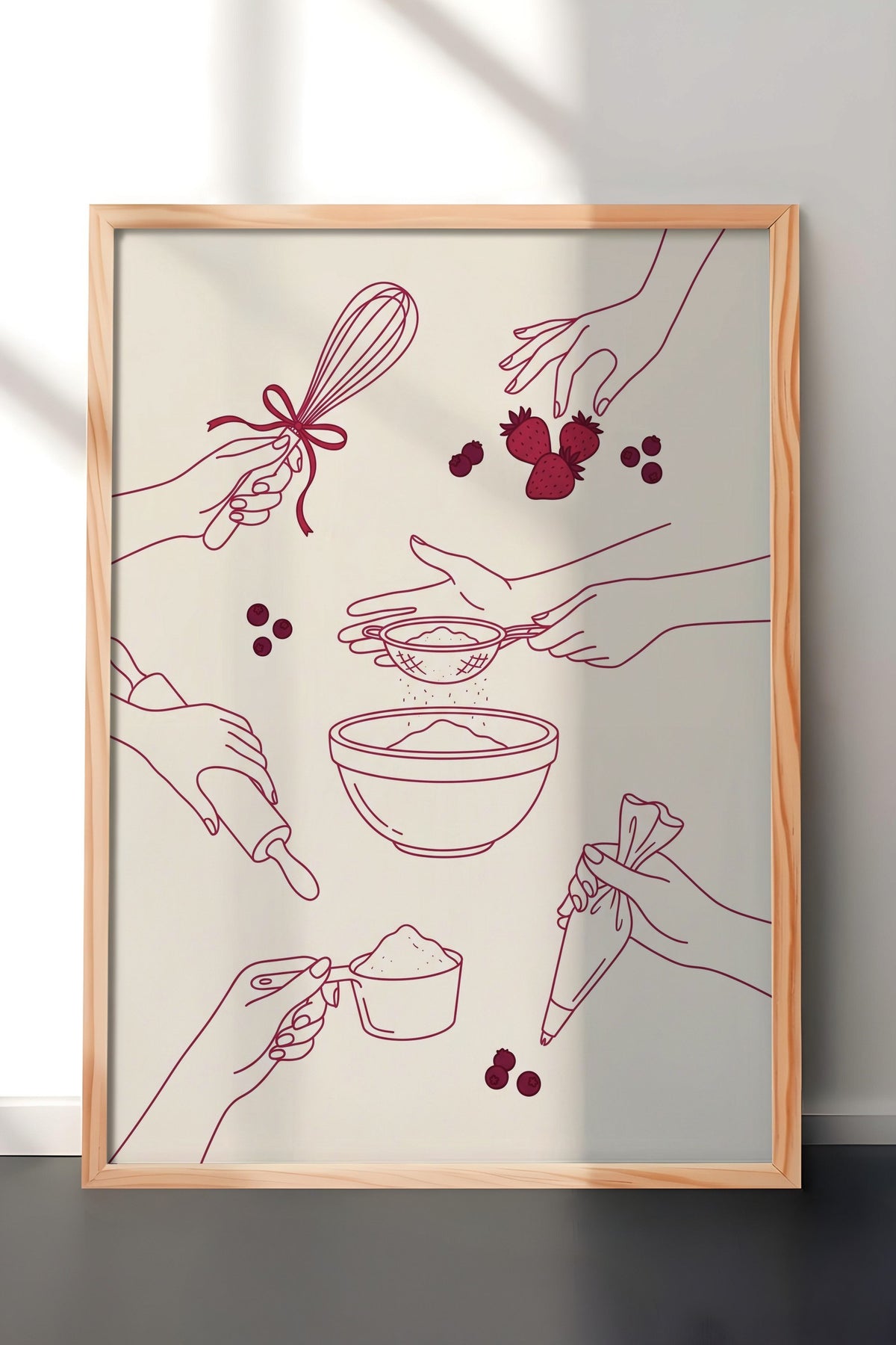 Mutfakta Eller ve Malzemeler Poster – Ahşap Çerçeveli Tablo