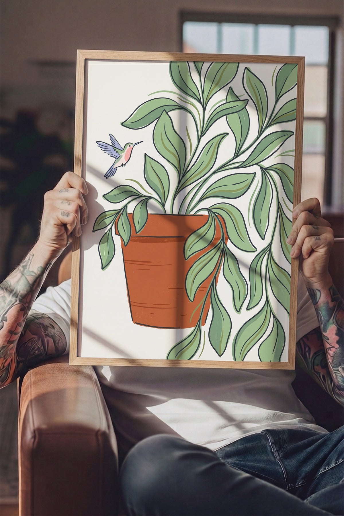 Saksıdaki Bitki ve Sinek Kuşu Poster – Ahşap Çerçeveli Tablo