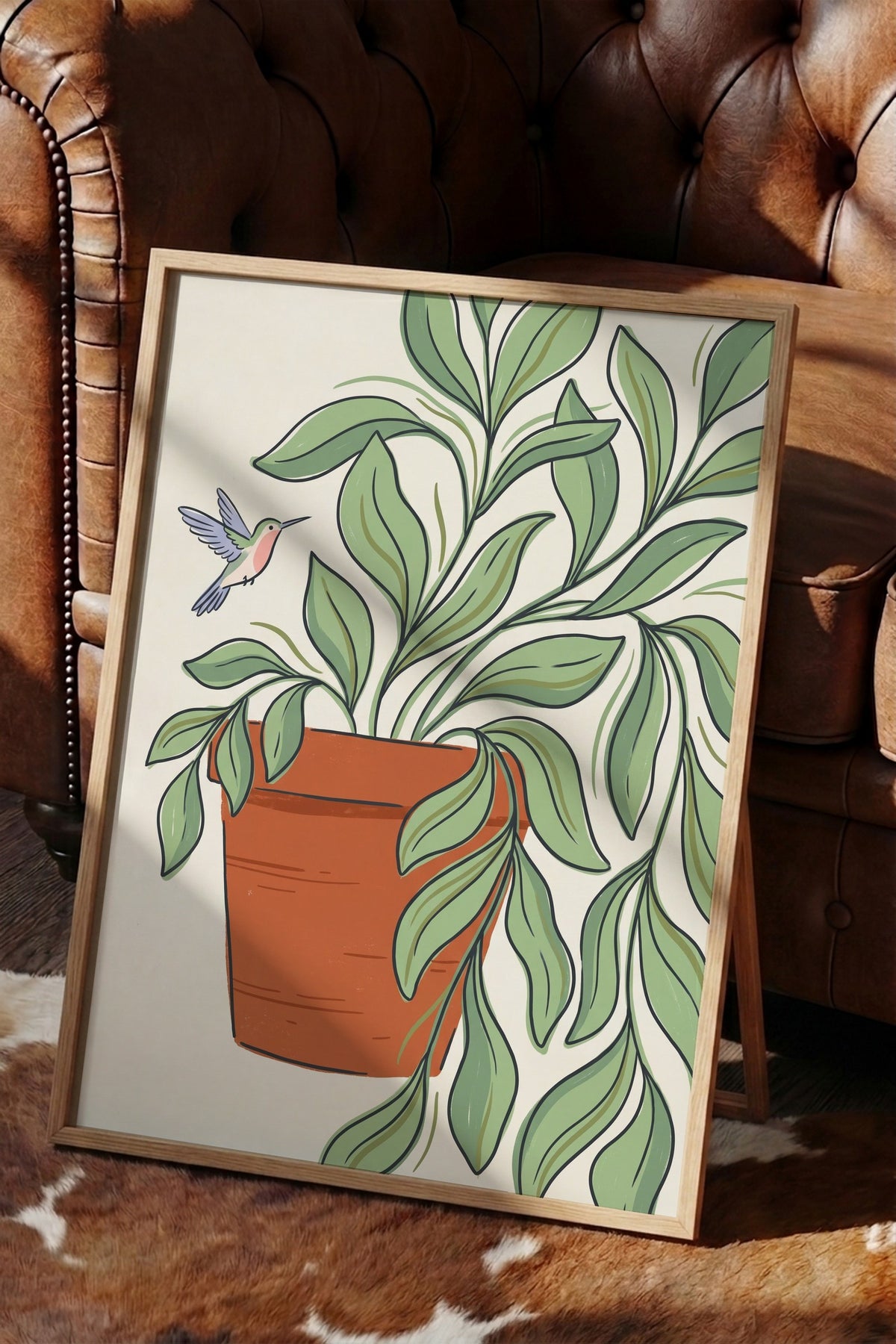 Saksıdaki Bitki ve Sinek Kuşu Poster – Ahşap Çerçeveli Tablo