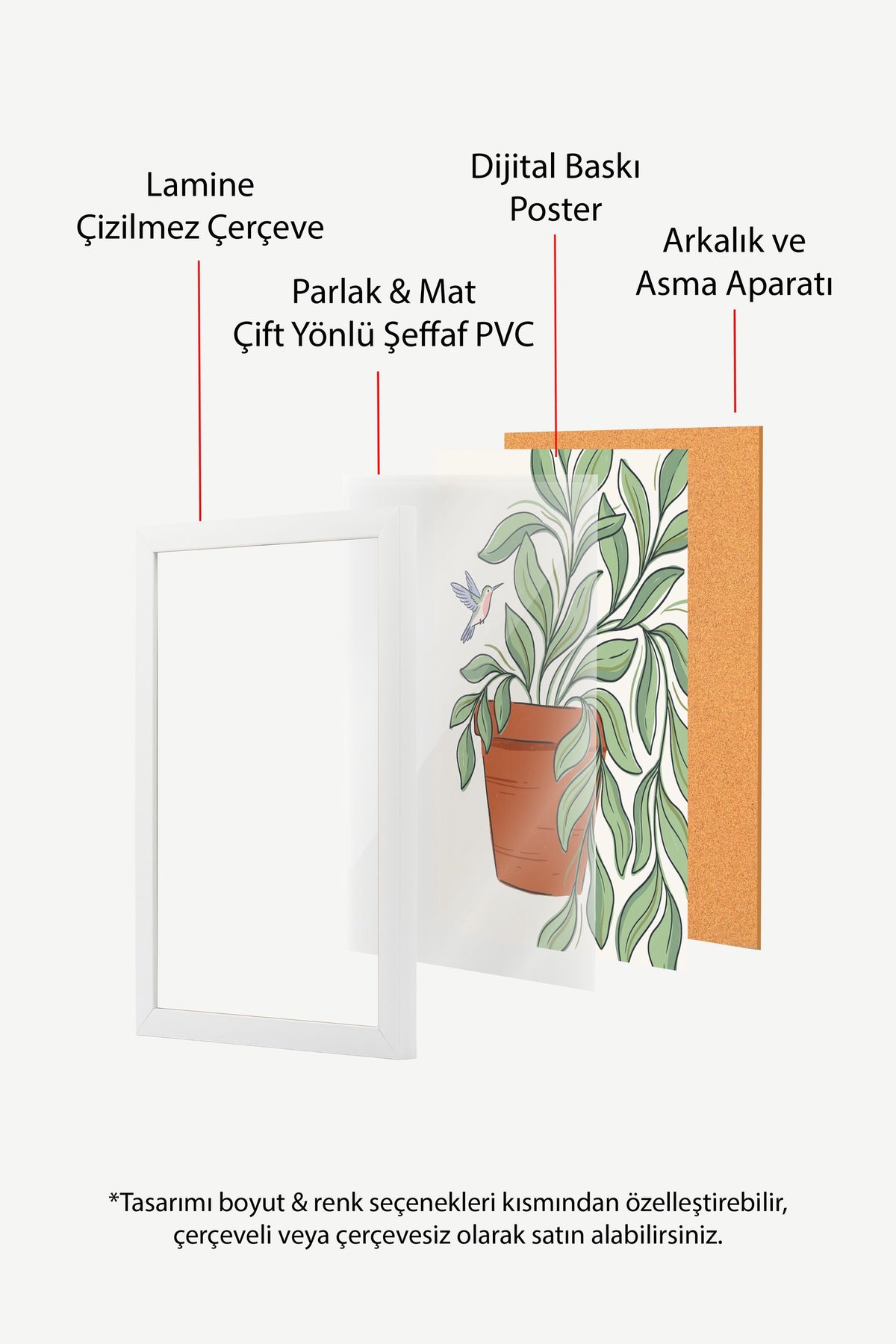 Saksıdaki Bitki ve Sinek Kuşu Poster – Beyaz Çerçeveli Tablo