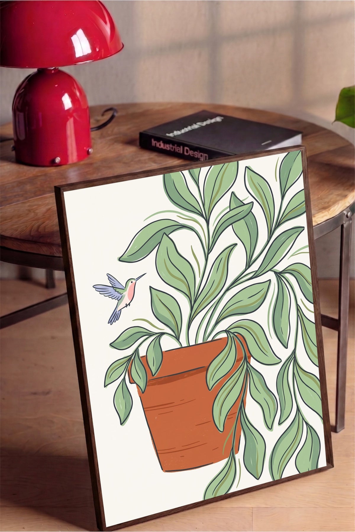 Saksıdaki Bitki ve Sinek Kuşu Poster – Kahverengi Çerçeveli Tablo