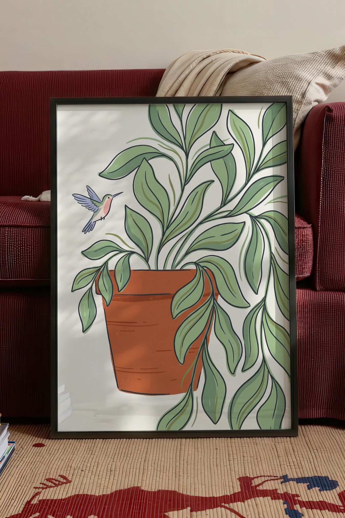 Saksıdaki Bitki ve Sinek Kuşu Poster – Siyah Çerçeveli Tablo