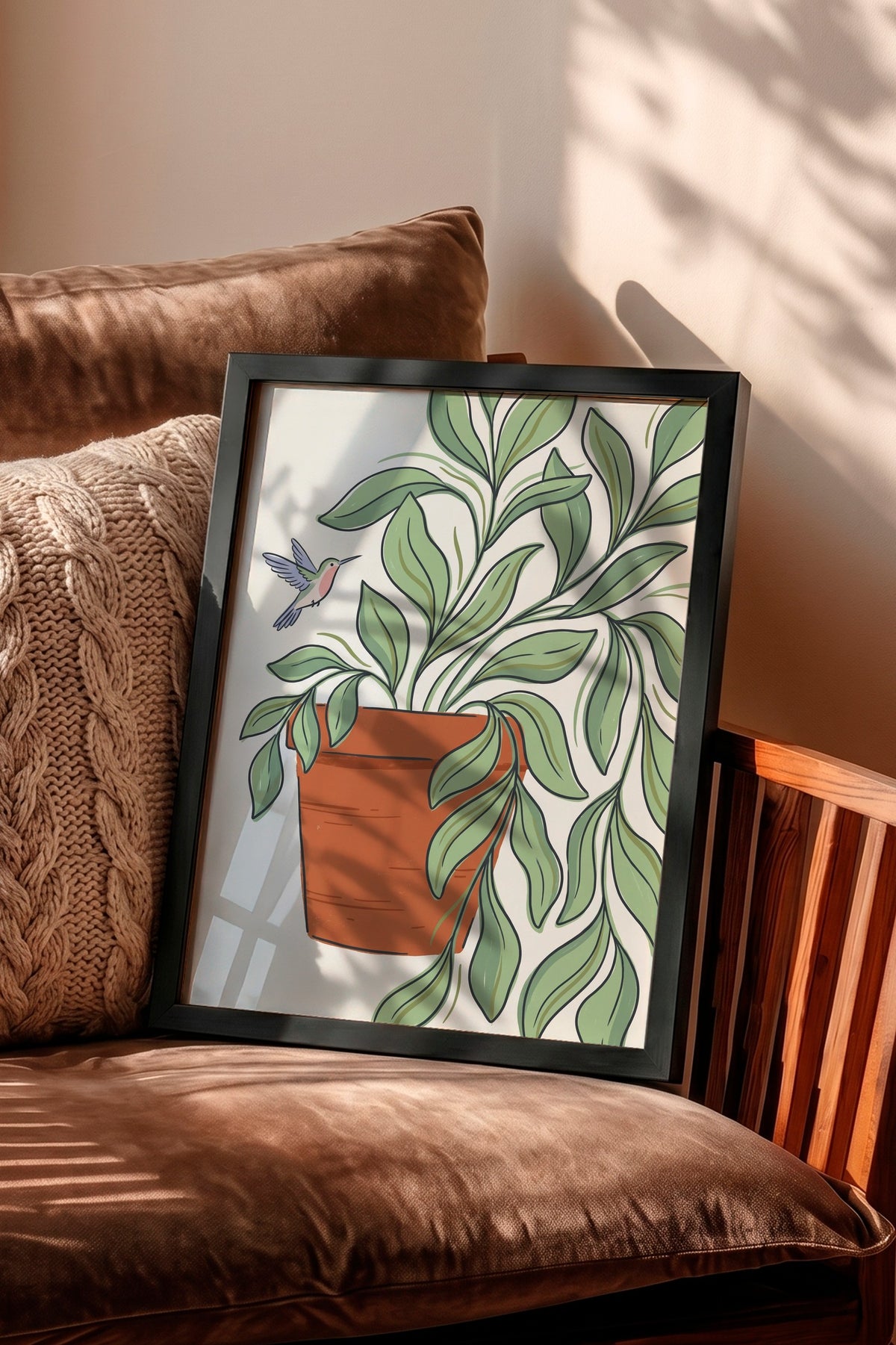 Saksıdaki Bitki ve Sinek Kuşu Poster – Siyah Çerçeveli Tablo
