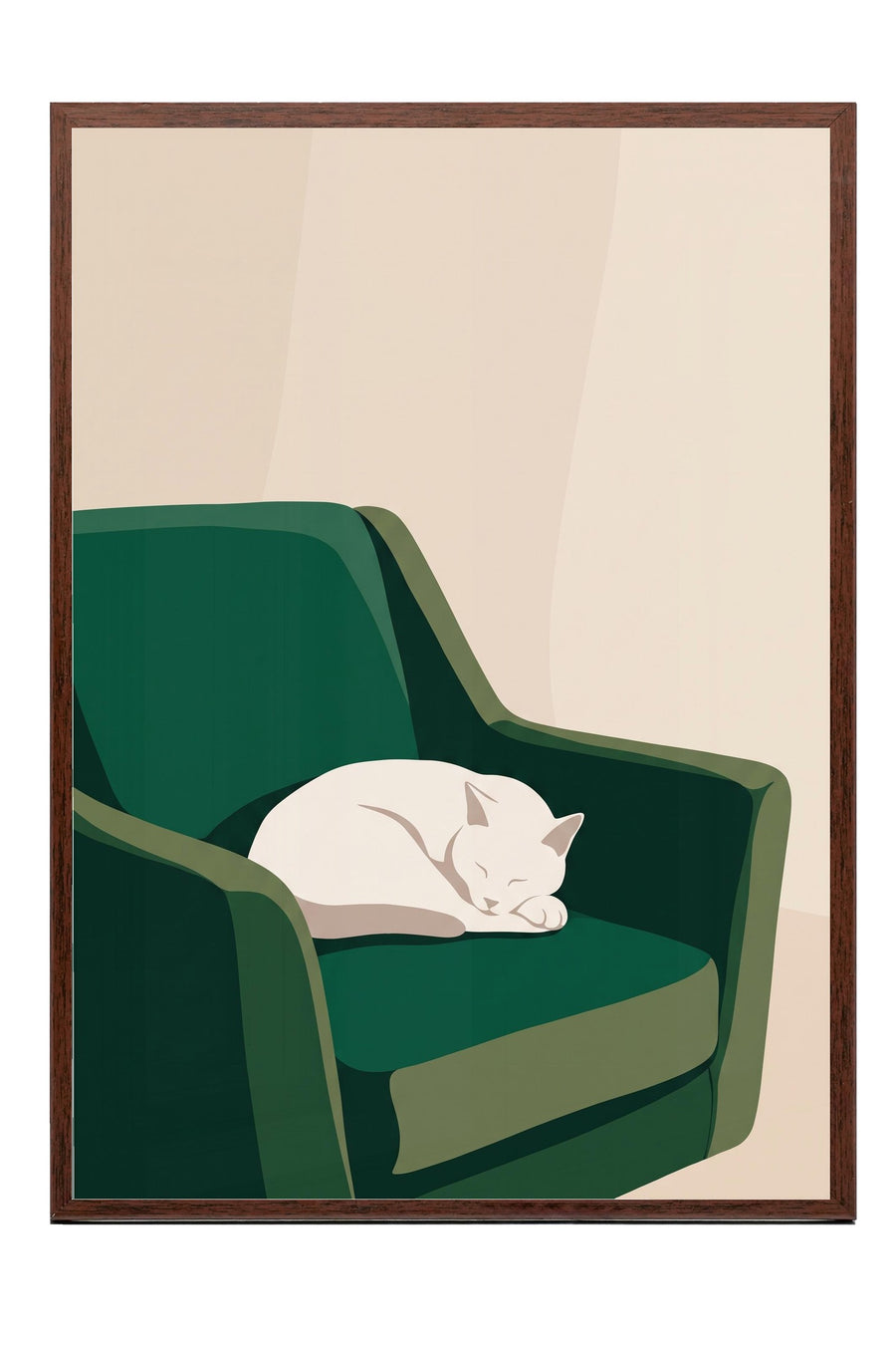 Koltuk Üzerinde Uyuyan Kedi Poster – Kahverengi Çerçeveli Tablo