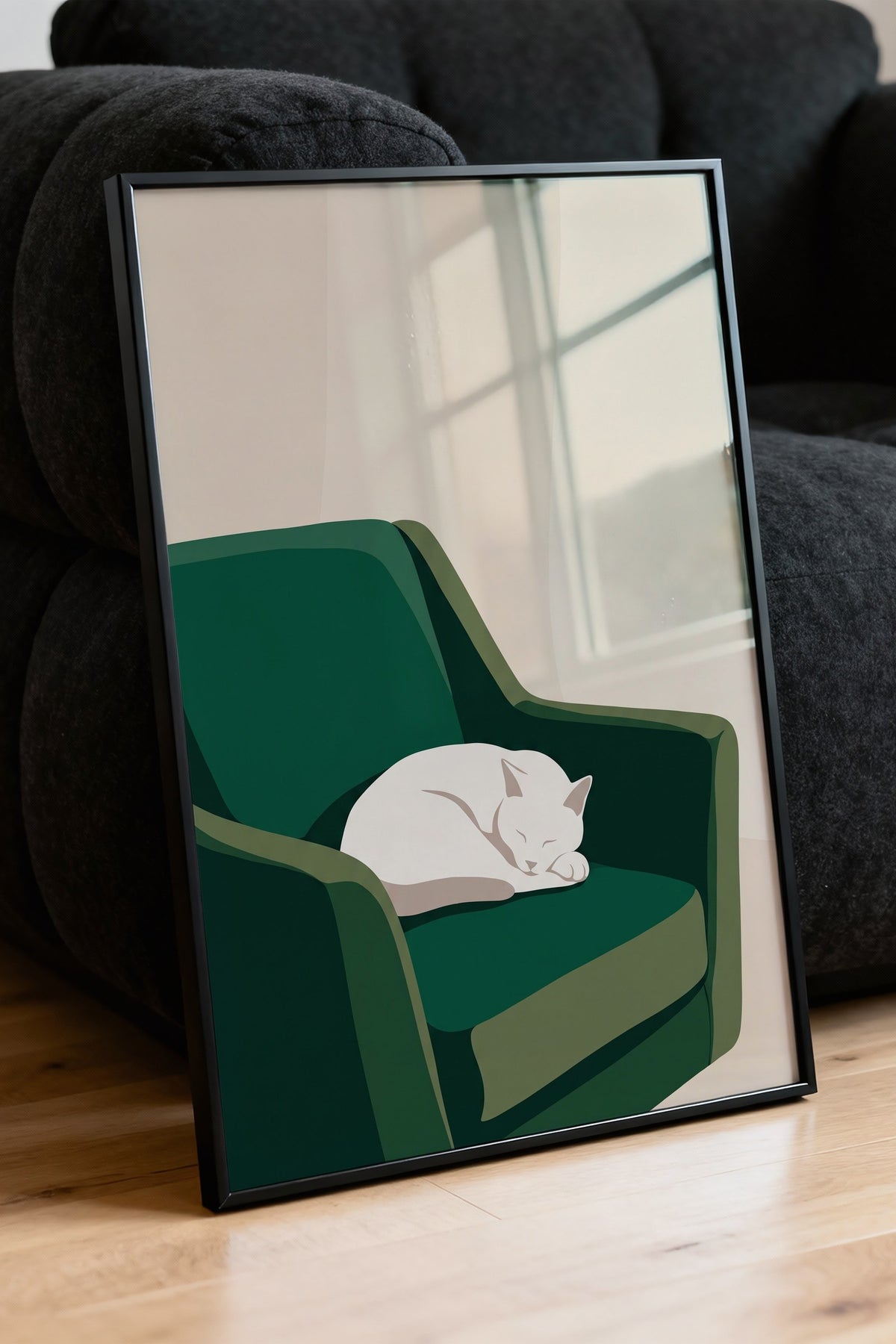 Koltuk Üzerinde Uyuyan Kedi Poster – Siyah Çerçeveli Tablo