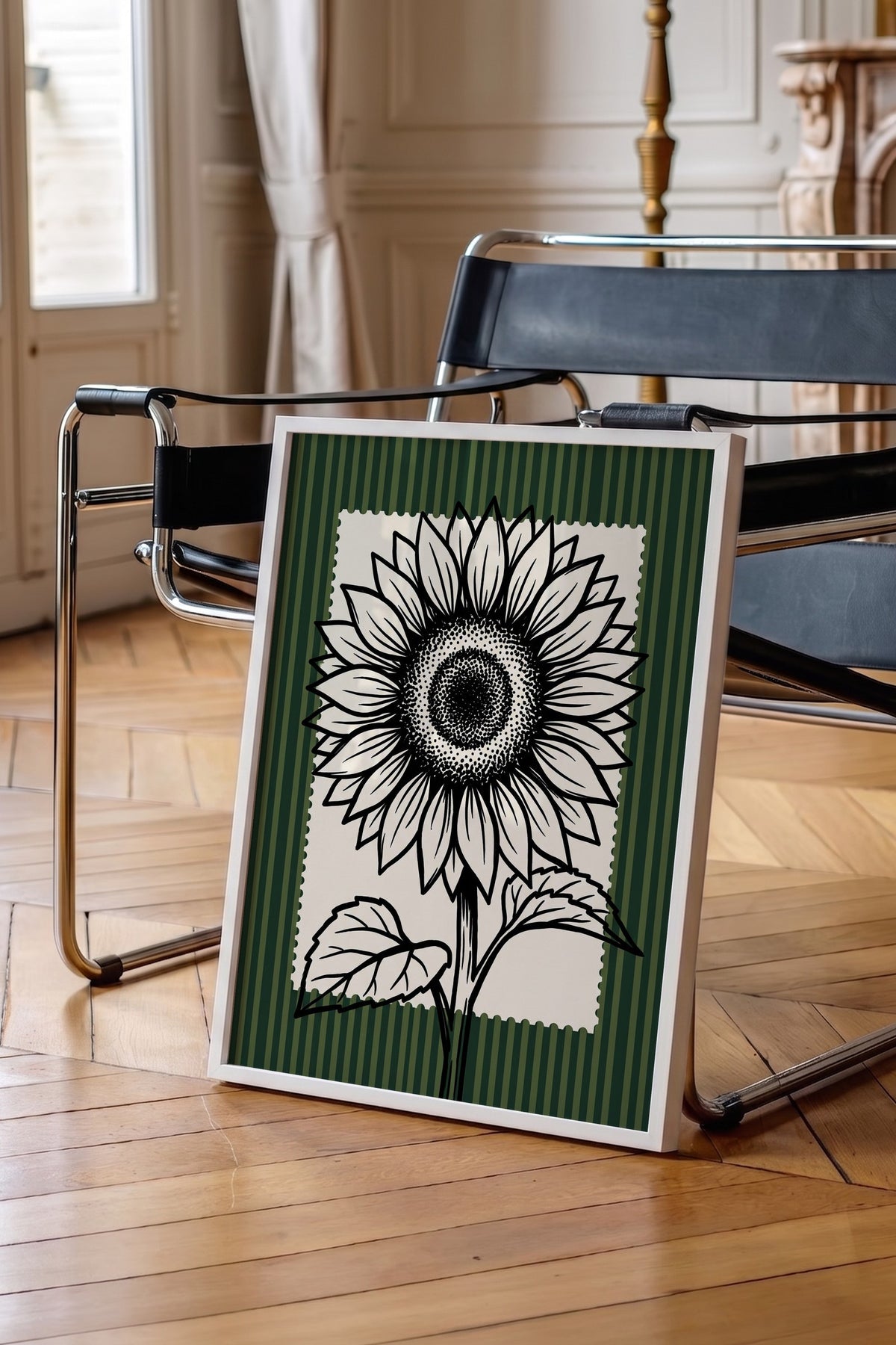 Ayçiçeği Çizimi Poster – Beyaz Çerçeveli Tablo