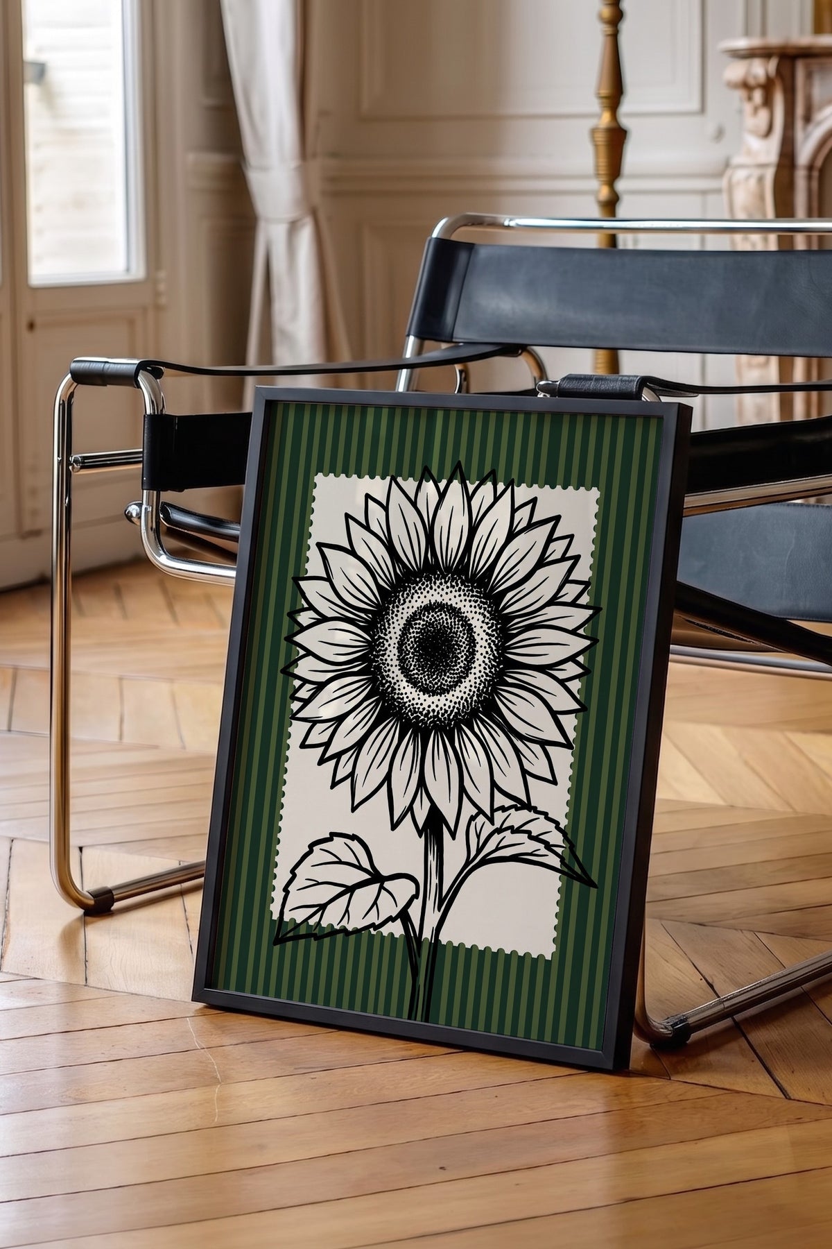 Ayçiçeği Çizimi Poster – Siyah Çerçeveli Tablo