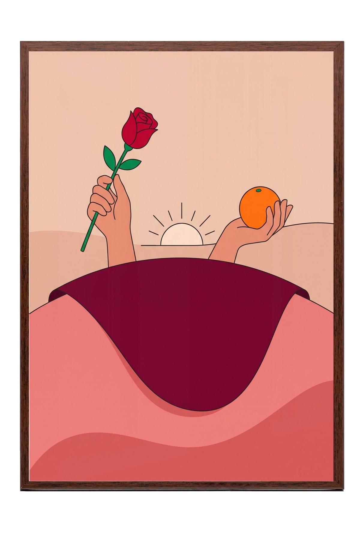 Gül ve Portakal Tutan Eller Poster – Kahverengi Çerçeveli Tablo