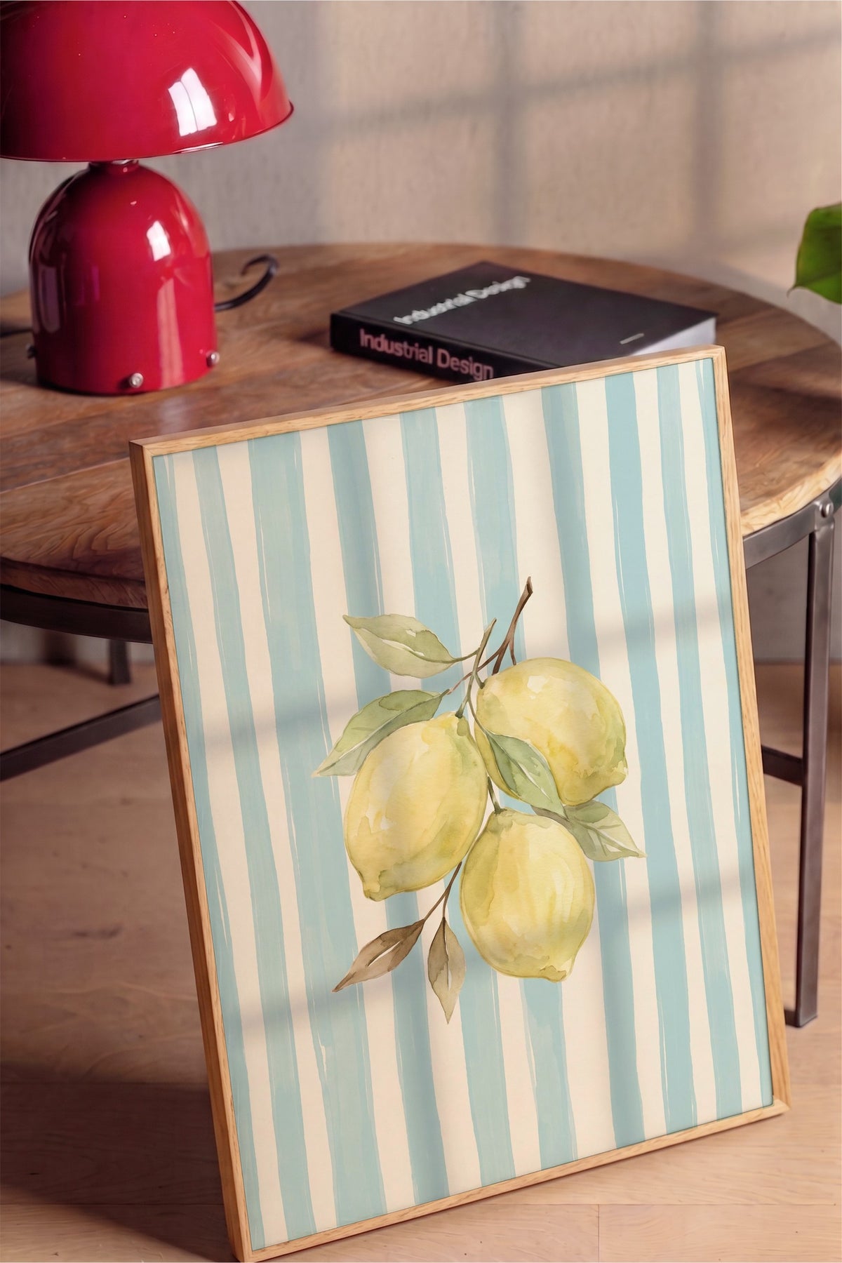 Dikey Çizgiler ve Limonlar Poster – Ahşap Çerçeveli Tablo