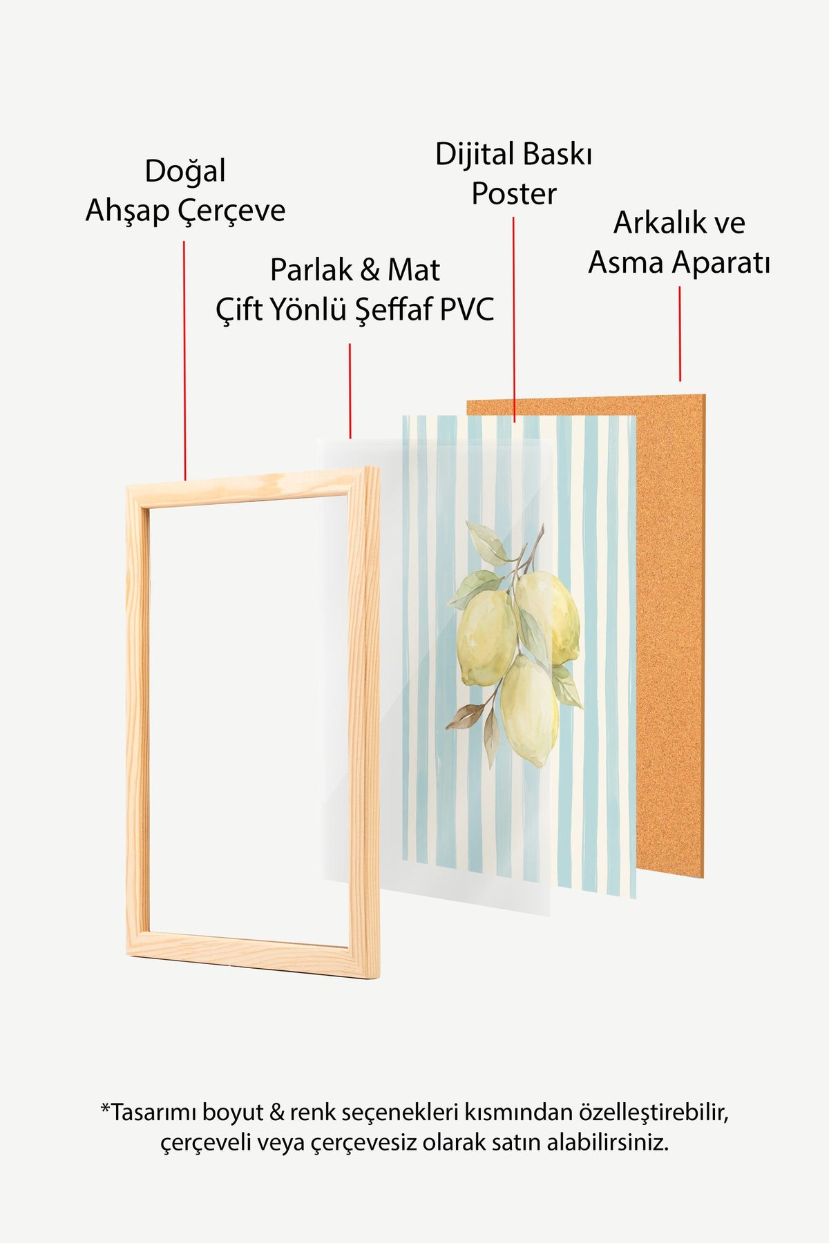 Dikey Çizgiler ve Limonlar Poster – Ahşap Çerçeveli Tablo