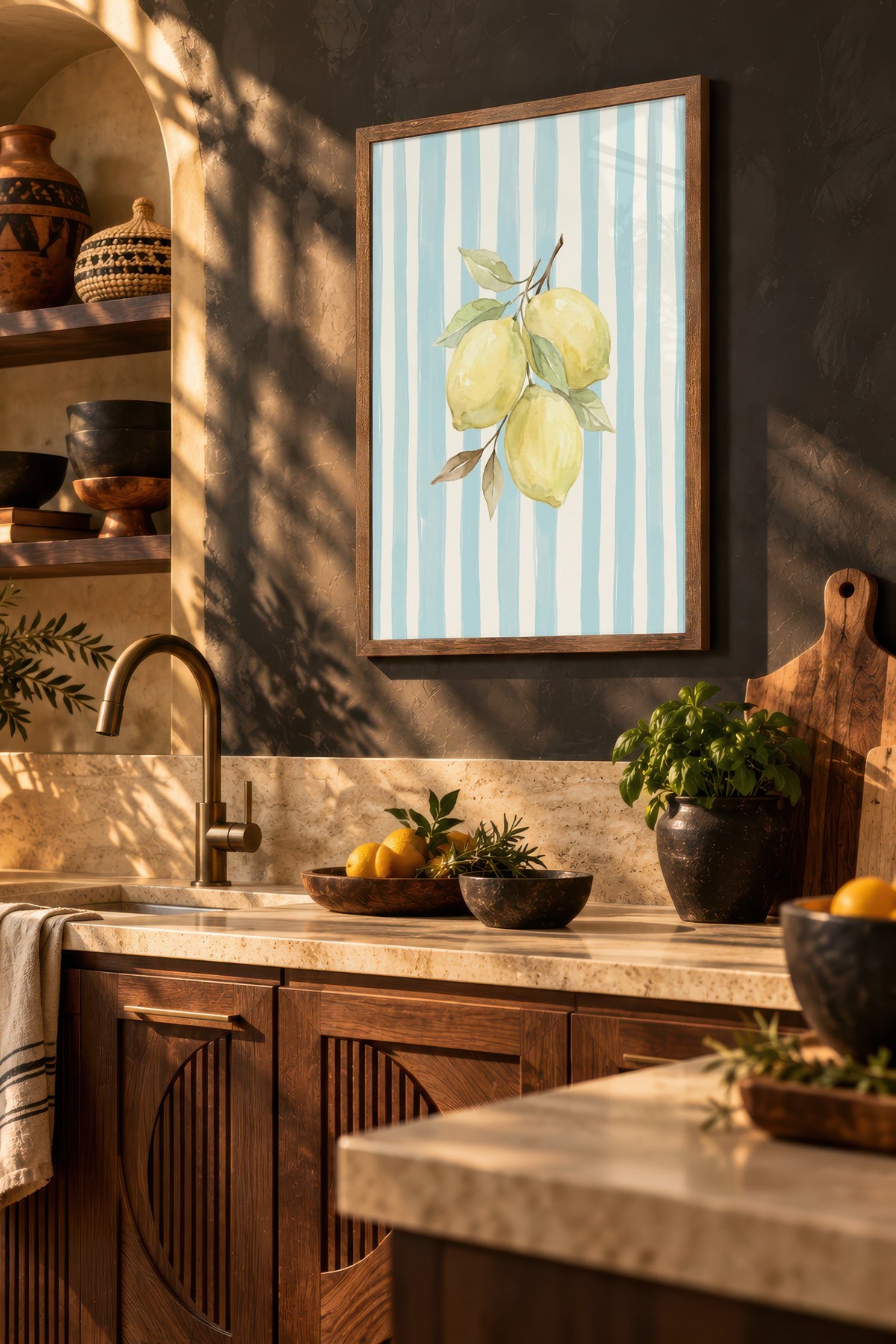 Dikey Çizgiler ve Limonlar Poster – Kahverengi Çerçeveli Tablo