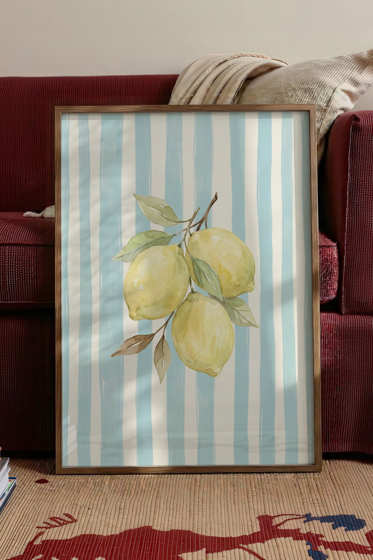 Dikey Çizgiler ve Limonlar Poster – Kahverengi Çerçeveli Tablo