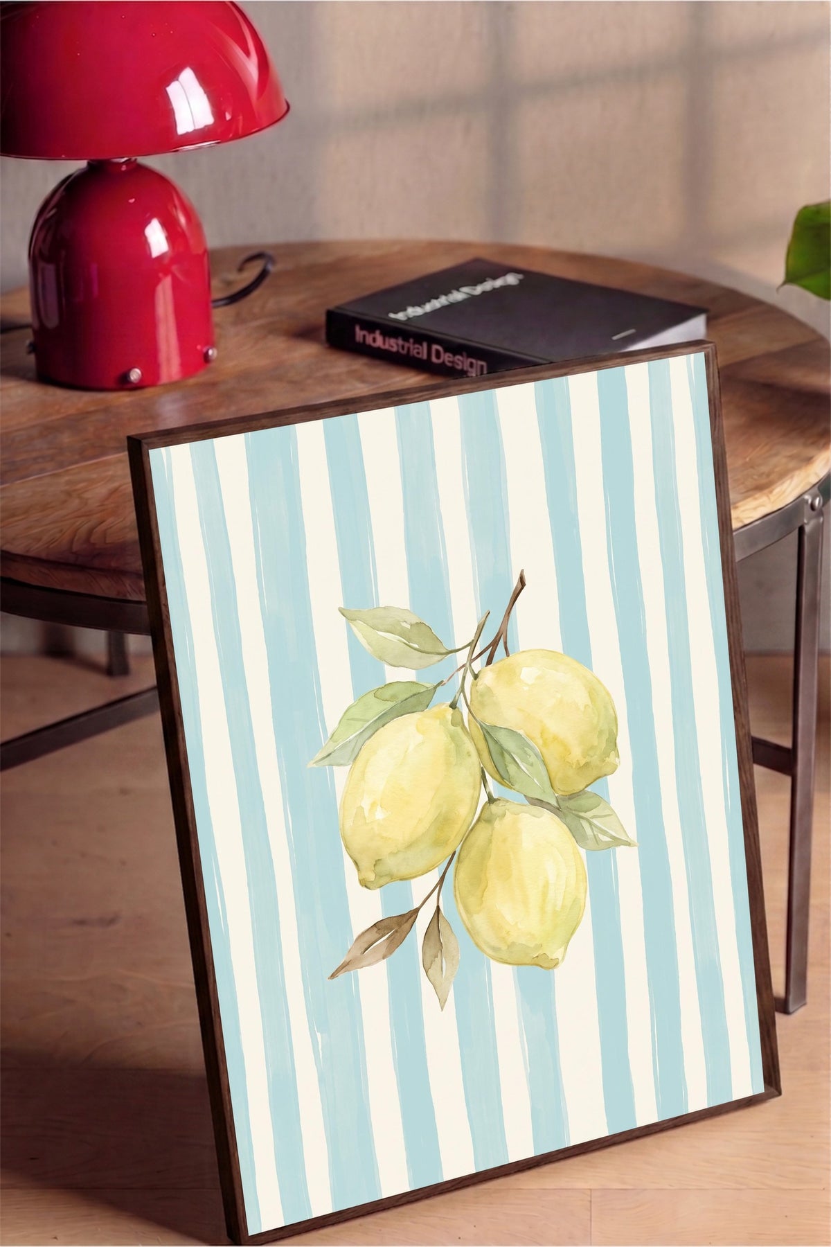 Dikey Çizgiler ve Limonlar Poster – Kahverengi Çerçeveli Tablo