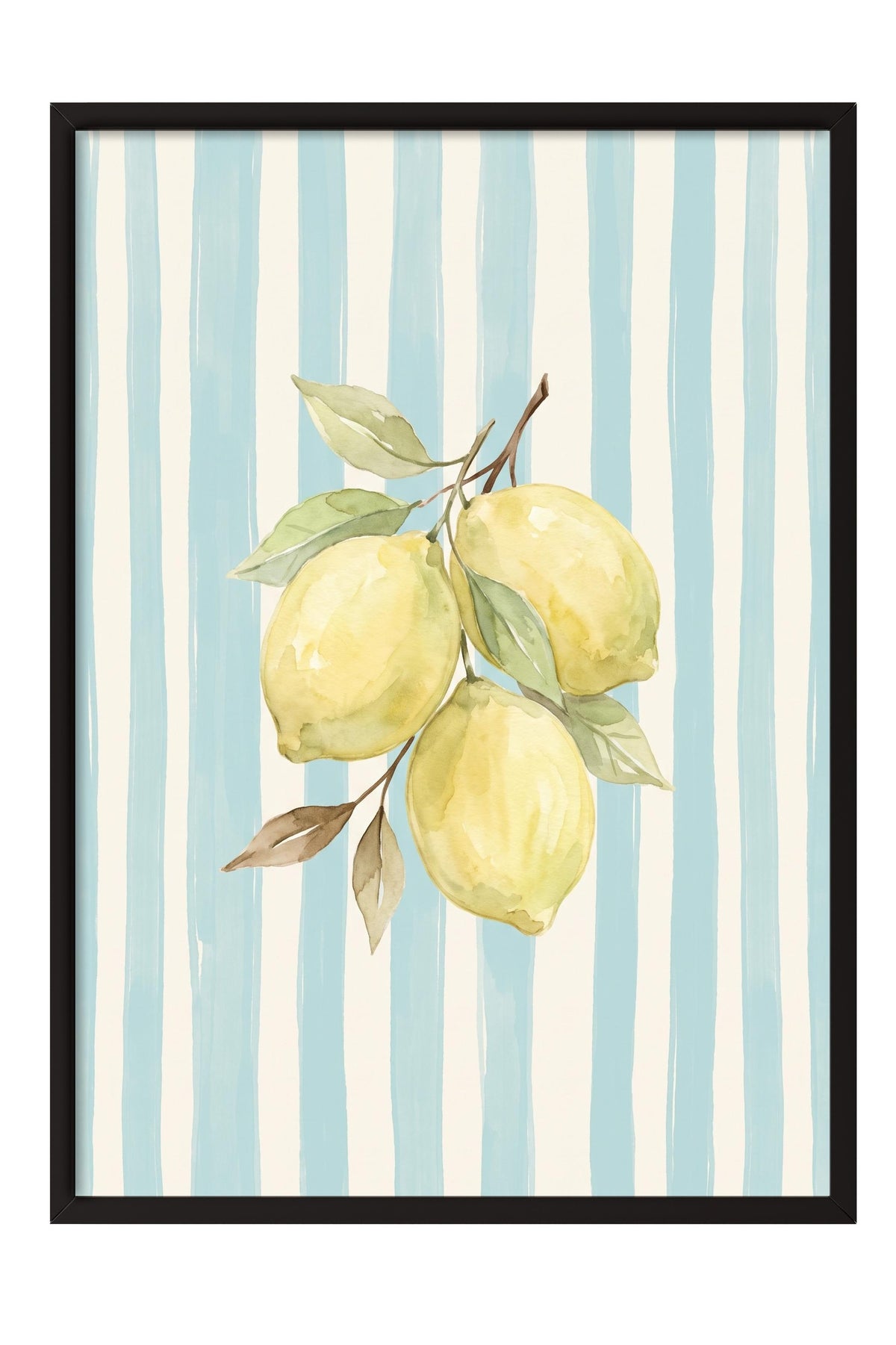Dikey Çizgiler ve Limonlar Poster – Siyah Çerçeveli Tablo